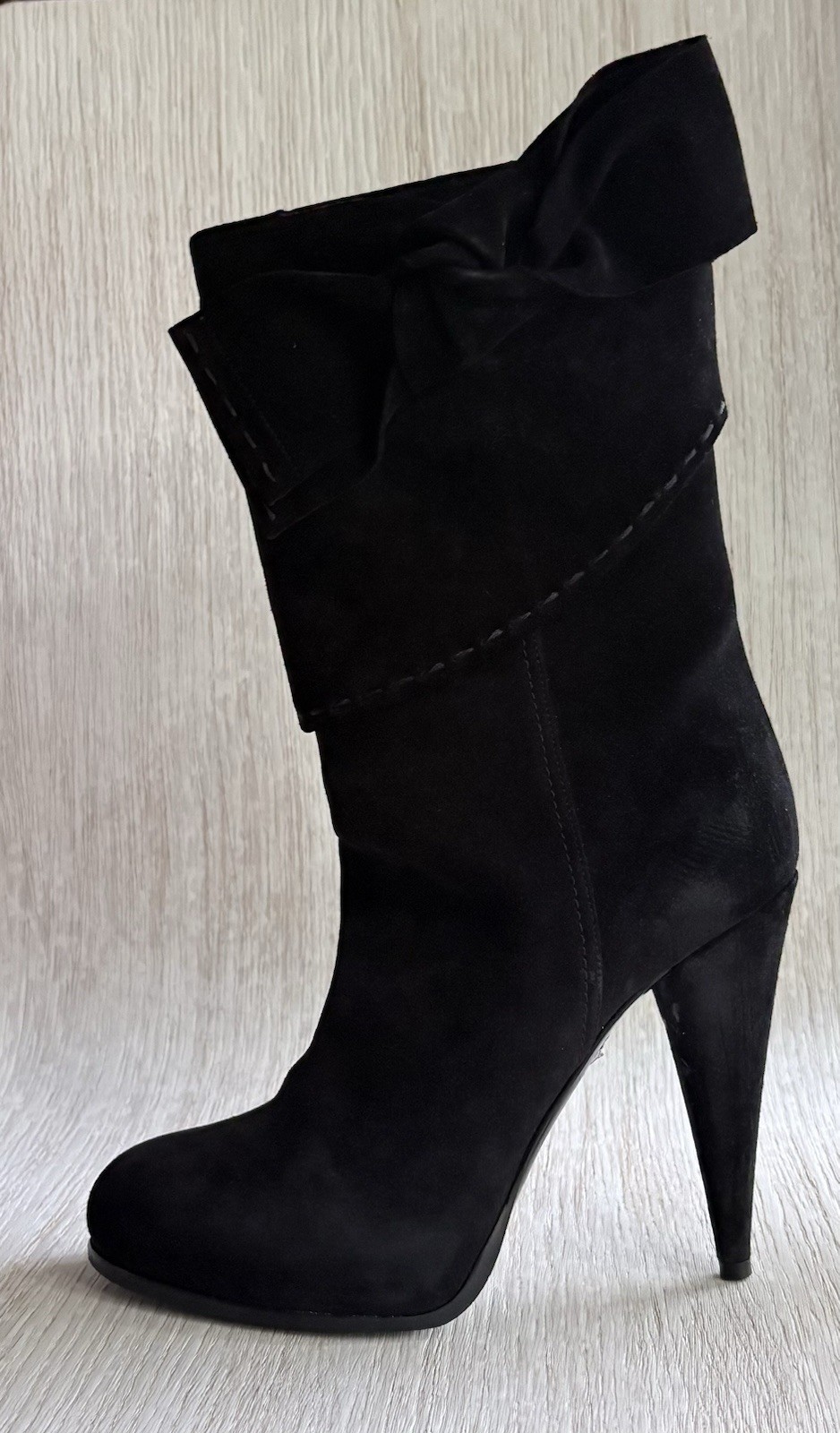 Christian Dior Women’s Black Suede Slouch Boots 38.5 Cuffed Cone Heel Mid-Calf