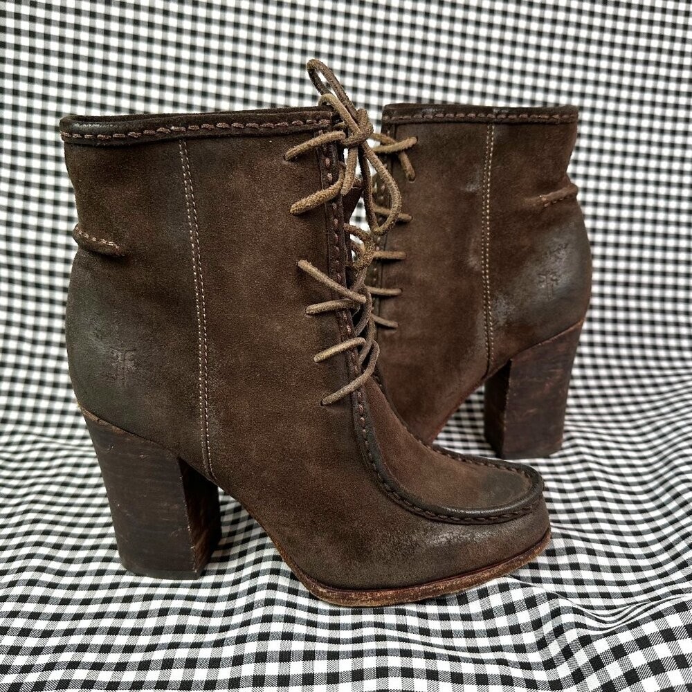 FRYE Parker Moc Toe Boots Women 7.5 Brown Suede Leather Lace Up Heel Autumn