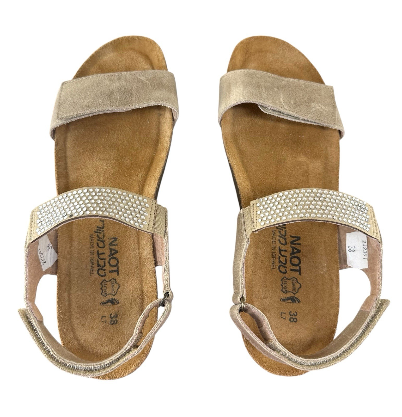 Naot Women’s Lisa Rhinestone Taupe Sandals Hook & Loop Size 38