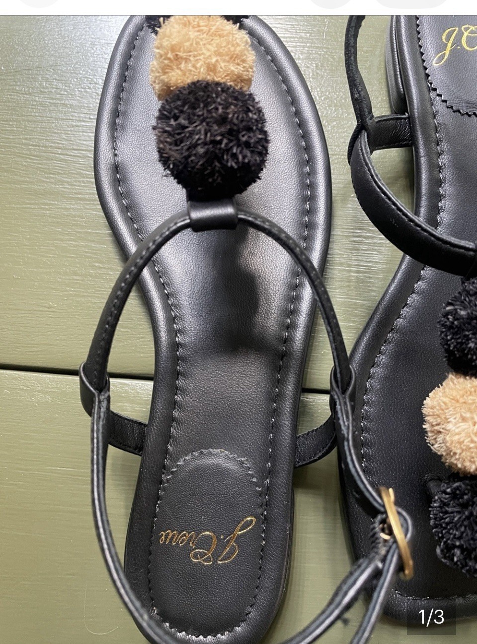 J.Crew Women’s Black/Beige Strappy Ankle Strap Buckle Pom-Pom Flat Sandals