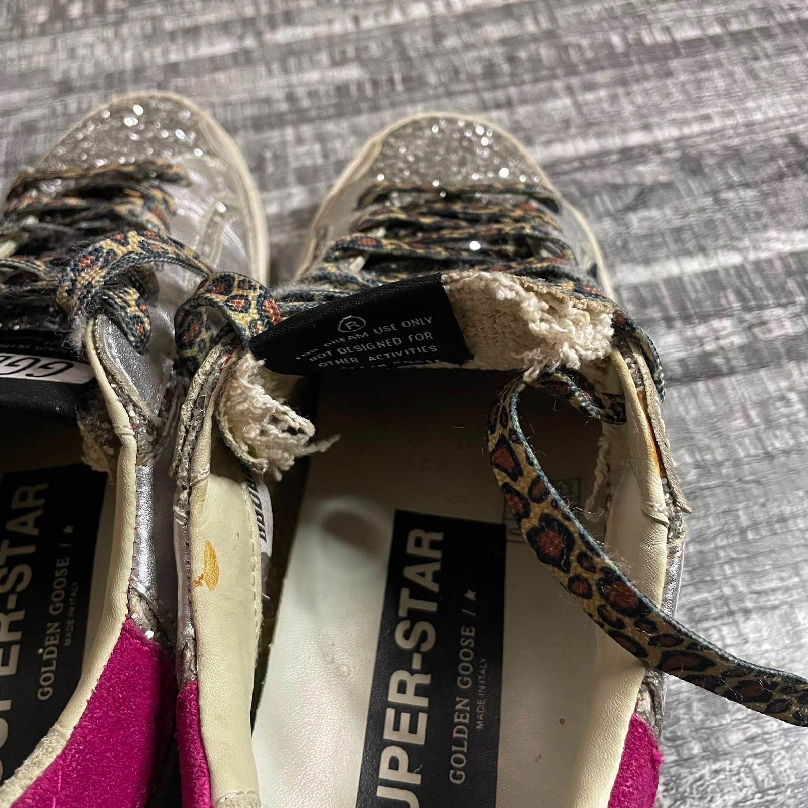 GOLDEN GOOSE SUPERSTAR SILVER GLITTER BLACK STAR PINK HEEL LEOPARD LACES EU 38