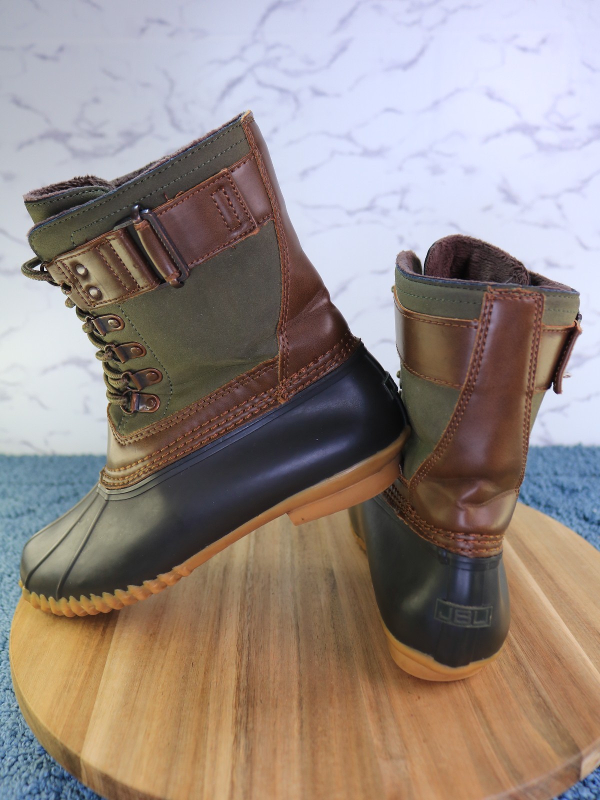 JBU Calgary Brown Green Black Lace Up Mid Calf Duck Work Rain Boot Women Sz 6.5M