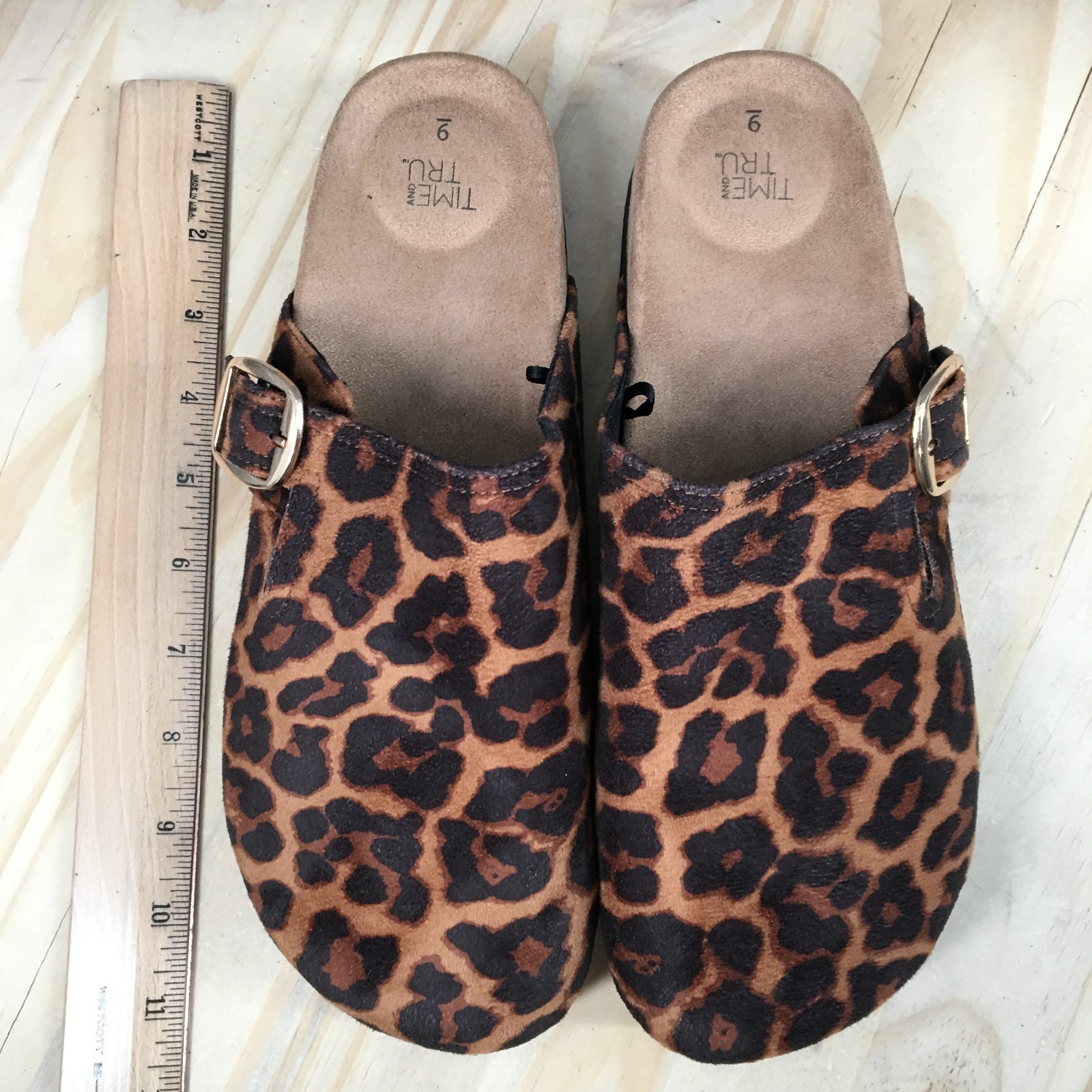 Time and Tru Shoes Womens 9 Buckle Clogs Brown Leopard Print Closed Toe Casual
