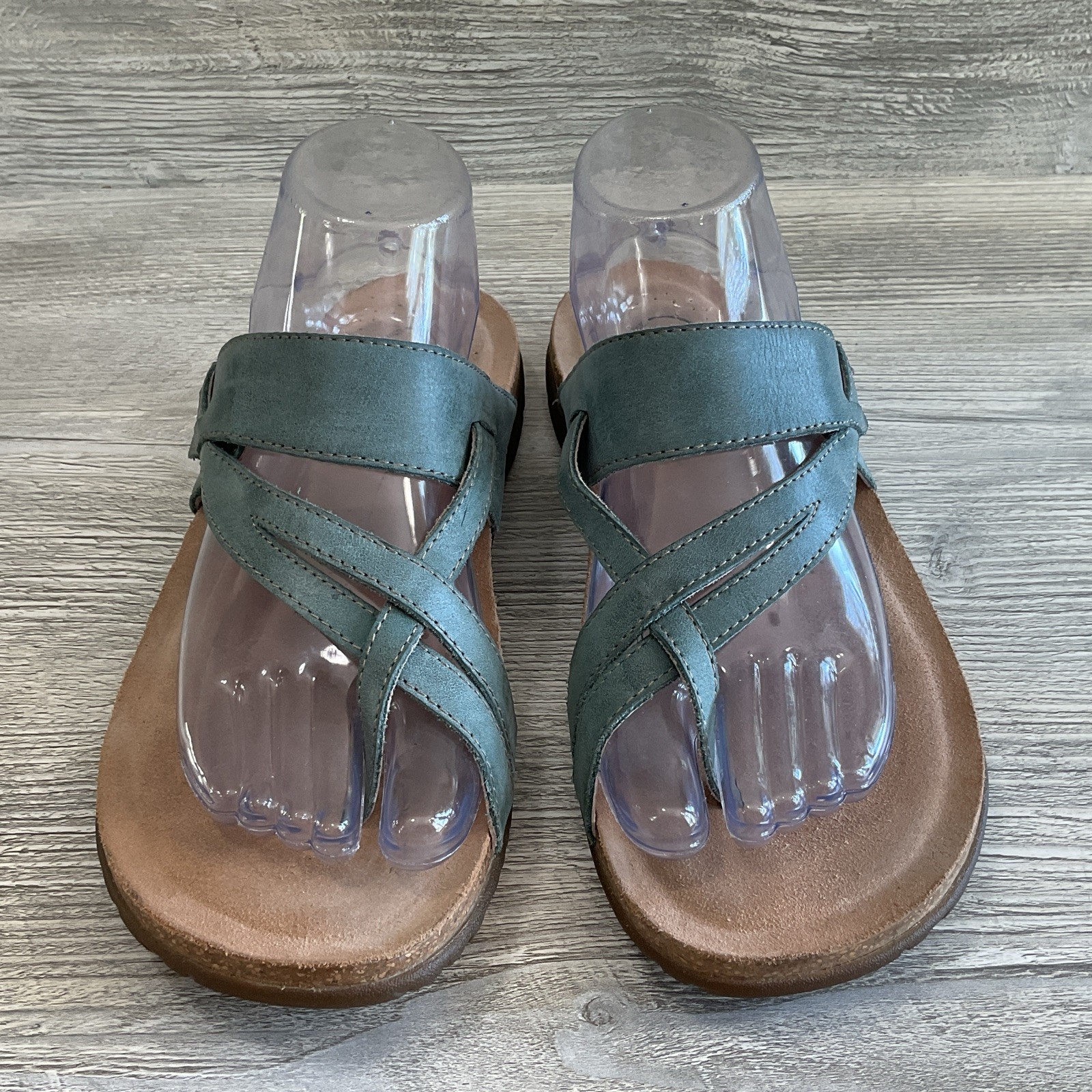 Taos Perfect Sandals Leather Comfort Women 10 Adjustable Cork Footbed Thong Blue