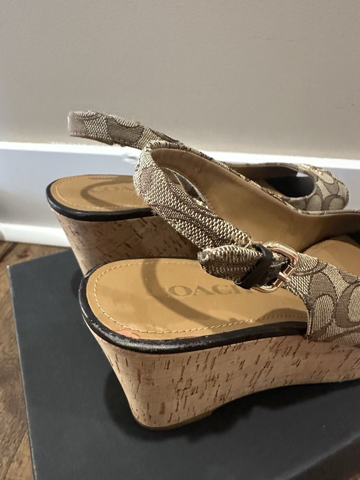 Coach Signature Jacquard Slingback Wedge Sandals Buckle Logo Khaki/Chestnut 9.5M