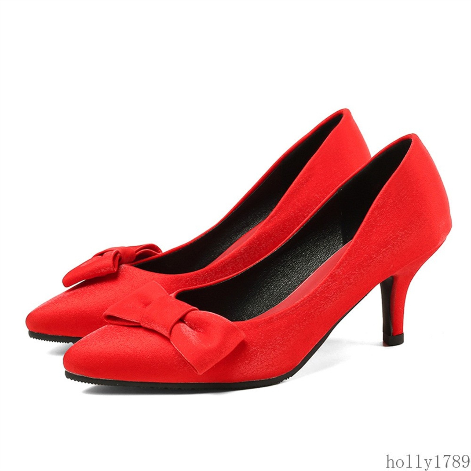 Women’s Satin Bow High Heels Heel Pumps Pointed Toe Slip-On Party Dress Shoes