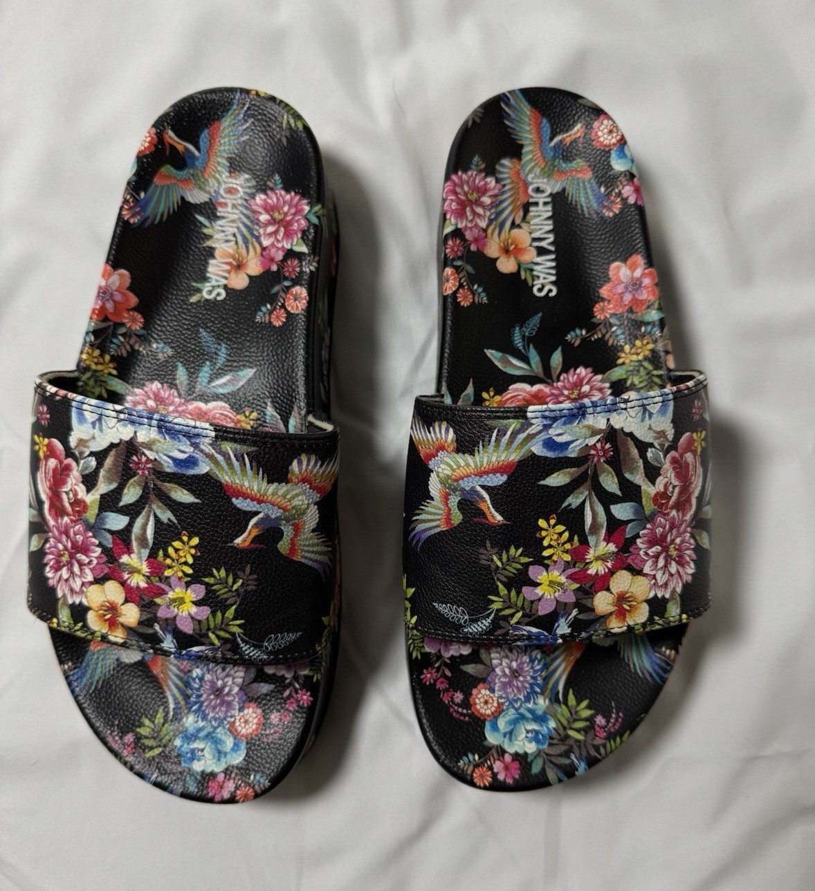 Johnny Was Womens Slide Sandals Floral Slip-On Leather Black Multi Size 8 Logo