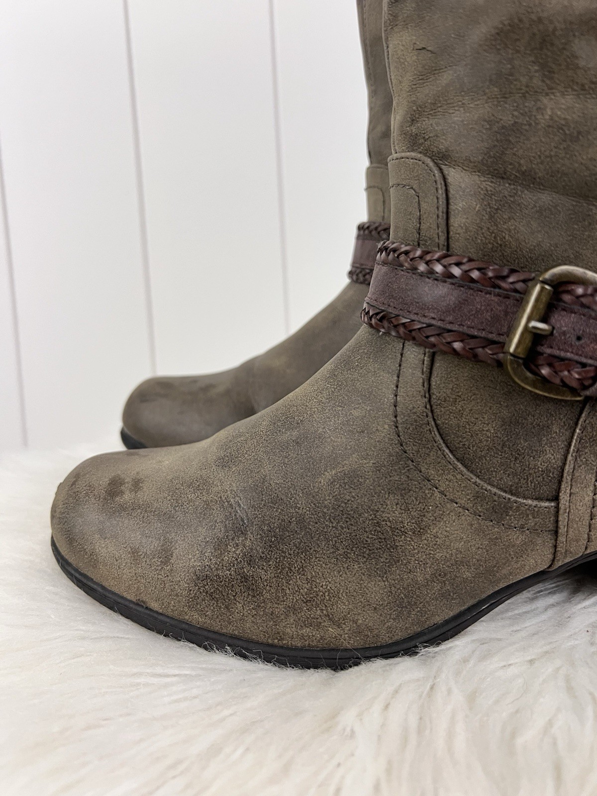 It’s OK Tempest Distressed Brown Vegan Leather Tall Riding Boots Wide Calf 8.5W