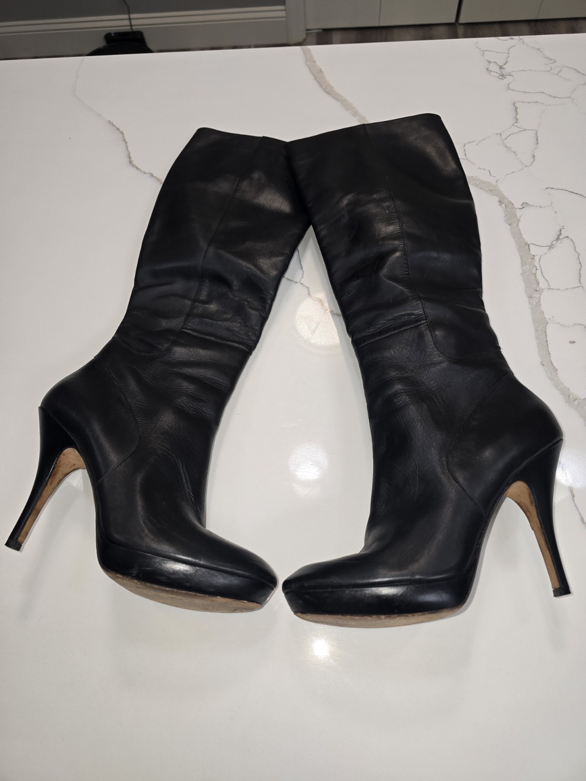 Via Spiga Black Leather Knee High Zip Boots Stiletto Round Toe Women’s 8M