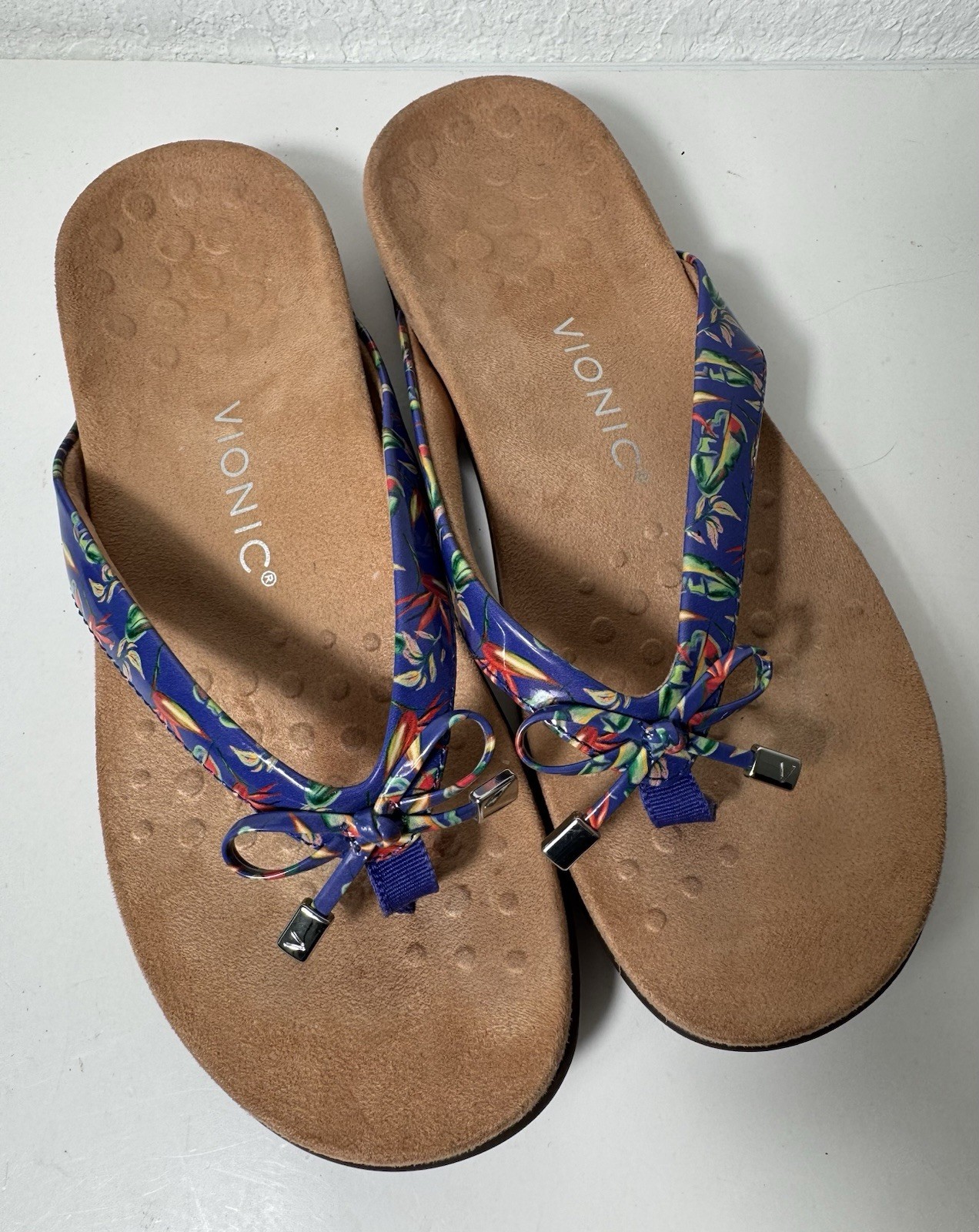 Vionic Bella II Sandals Flip Flops Tropical Floral Comfort Blue Bow Womens 8.5