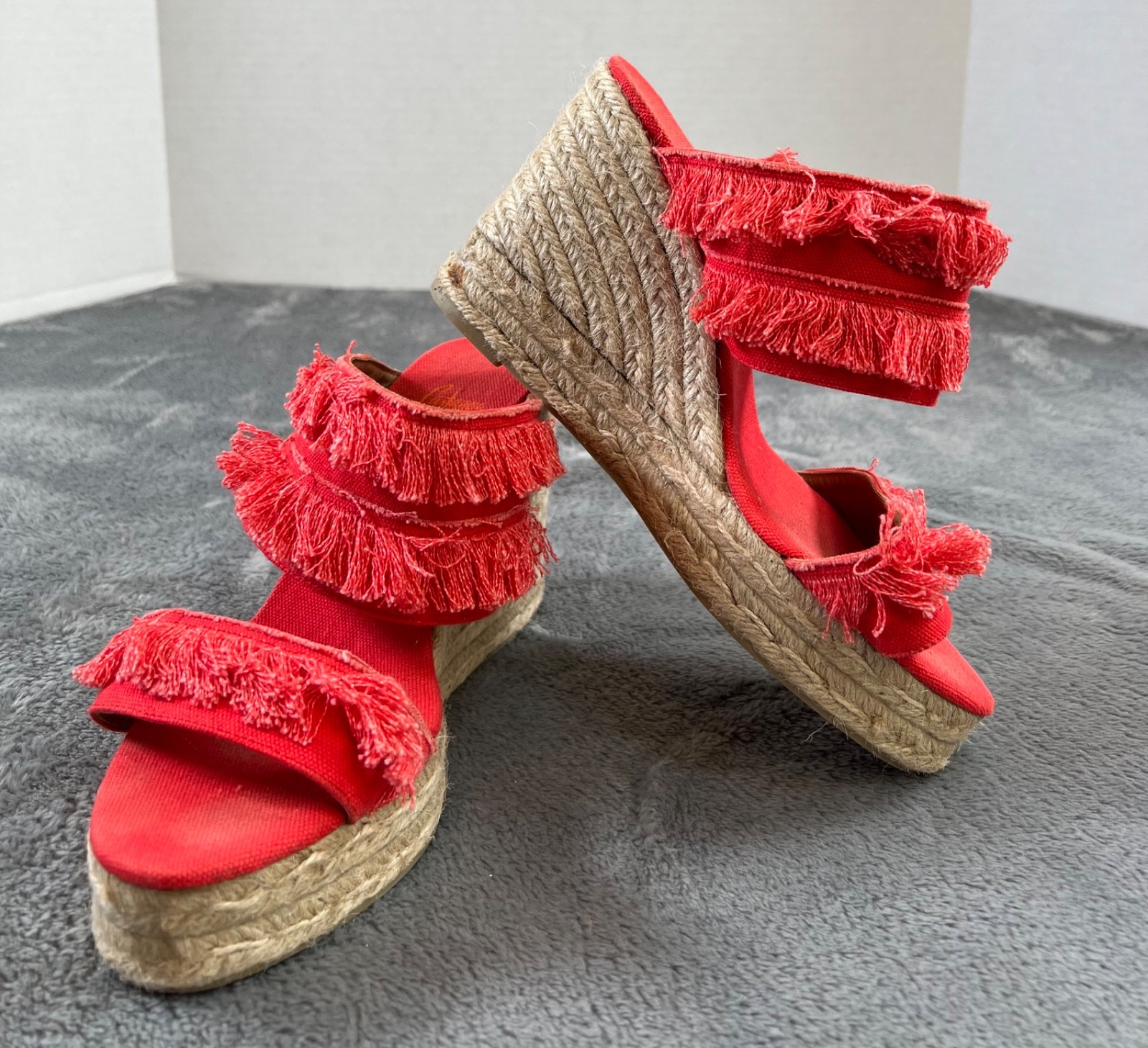 Castaner Fringe Espadrille Sandals 39/9 Red Wedge Slip On Shoes