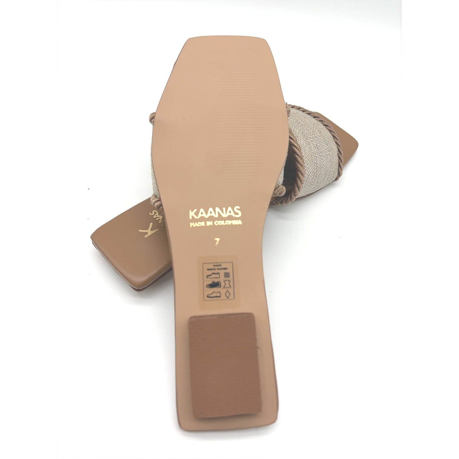 KAANAS Finn Caramel Linen Rope Trim Square Toe Flat Slide Sandals Size 7 NIB