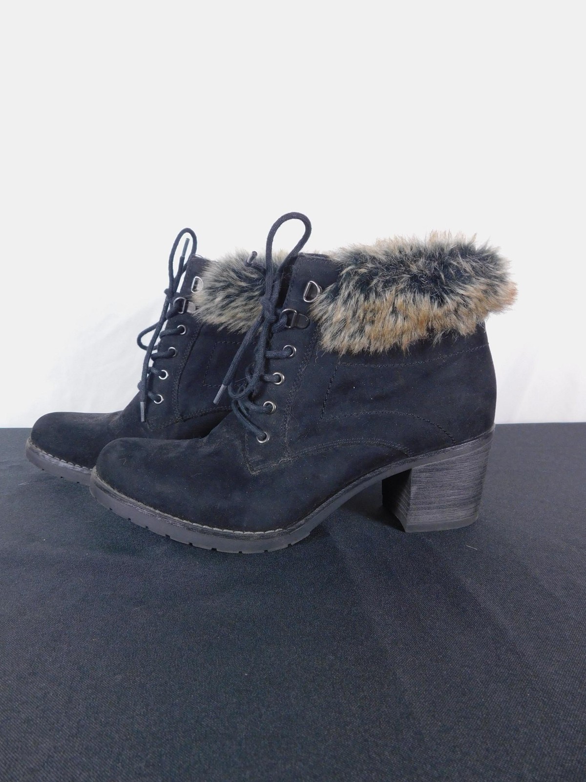 Sophie17 Black Faux Fur Lace-Up Ankle Boots 11 – Chunky Heel Winter – Excellent