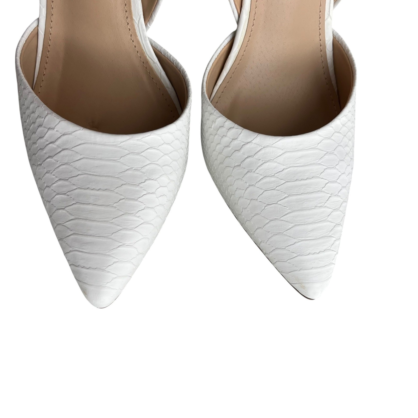 JUST FAB Women 9.5 White Gold Embossed Snakeskin Pointed Toe D’orsay Monika Heel