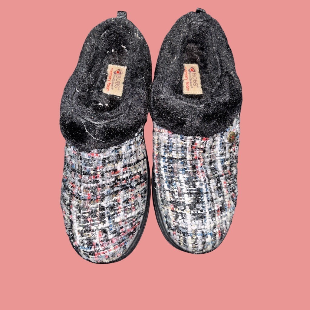 Skechers BOBS Slippers Womens Slip-On Clog Black Tweed Memory Foam Fur M/L cozy