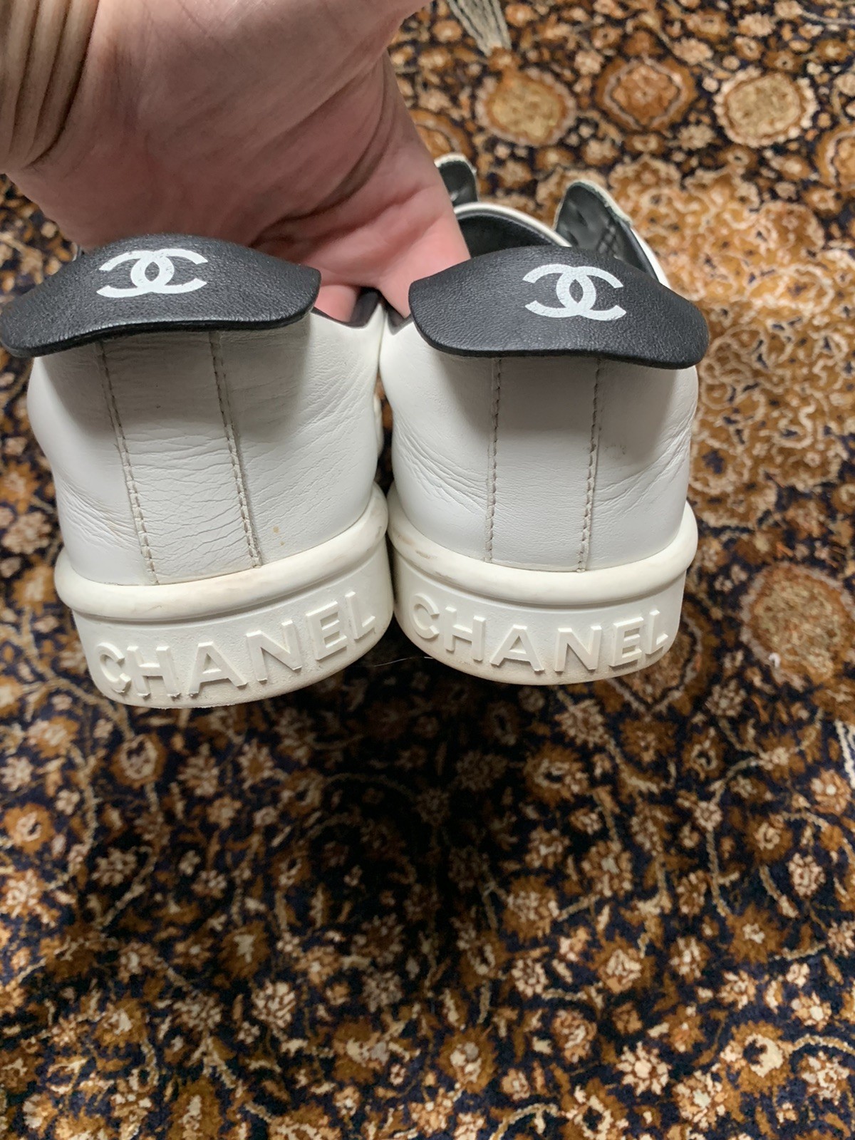 Chanel Low Top Sneakers White Calfskin Spellout 2 Cs Pull Tab Womens 39.5 EU