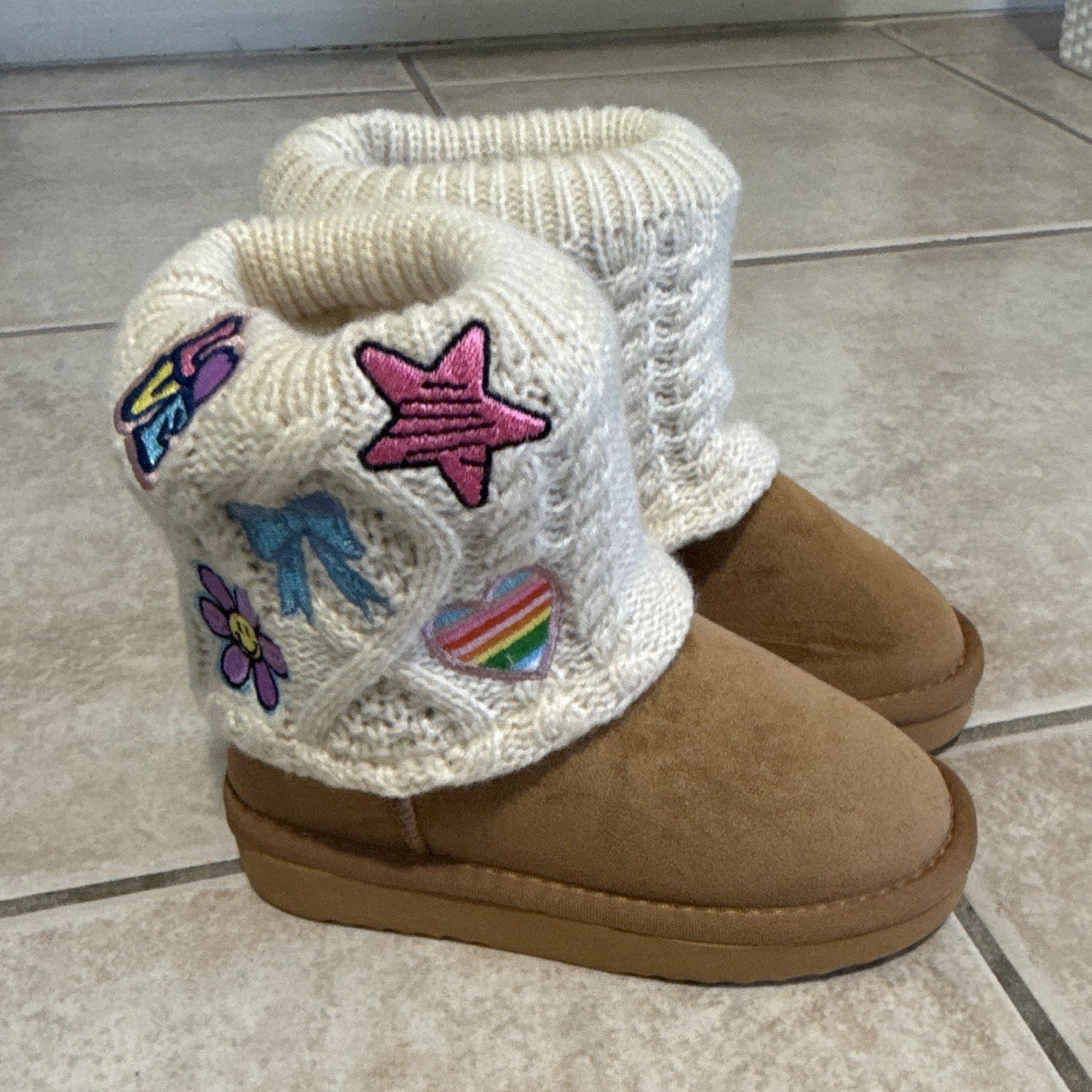 Women’s Tan Faux Suede Textile Bootie Slippers Faux Fur Lined Slip On 9