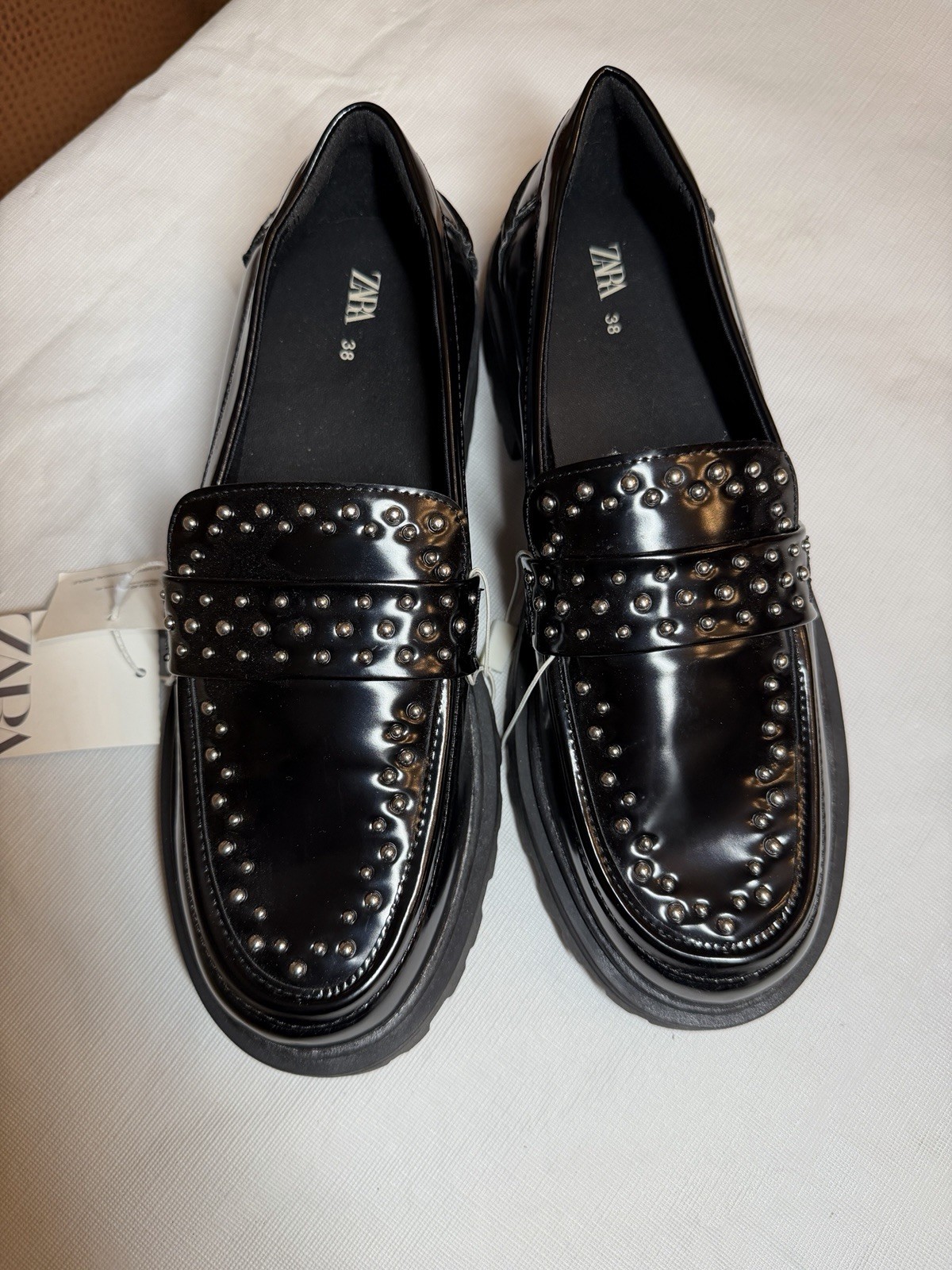 ZARA Women’s Black Studded Loafer Flats Slip-On Round Toe US 7.5-8 EU 38 Casual