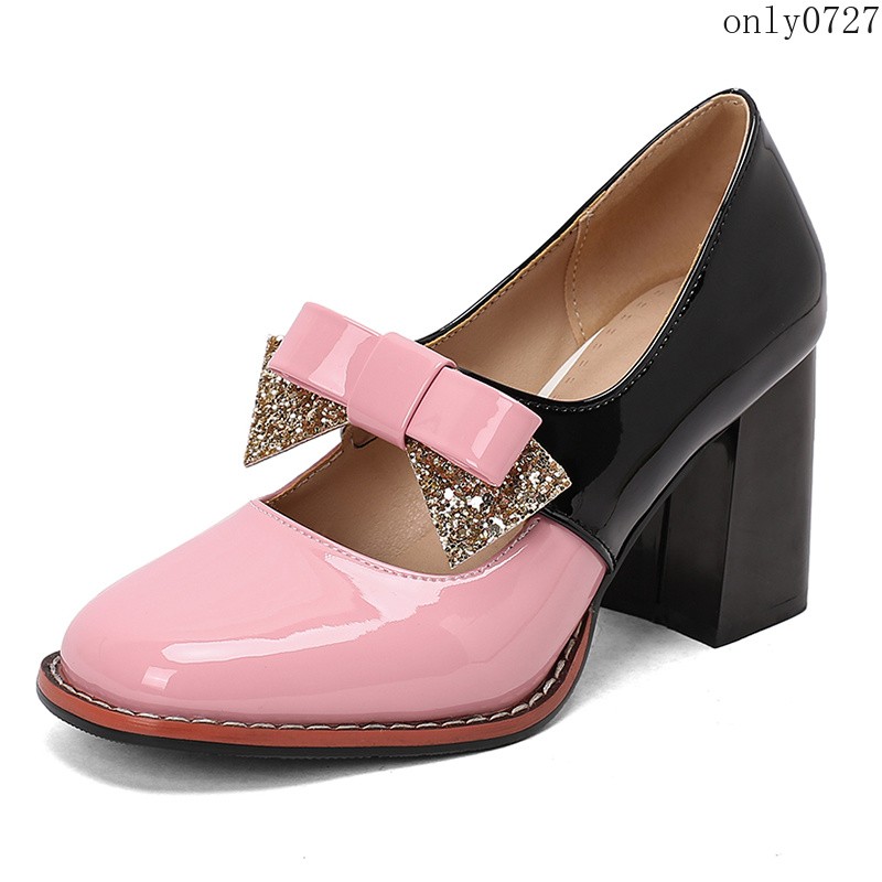 Women’s Colorblock Shiny Faux Leather Bowknot Sequins High Block Heel Shoes Plus