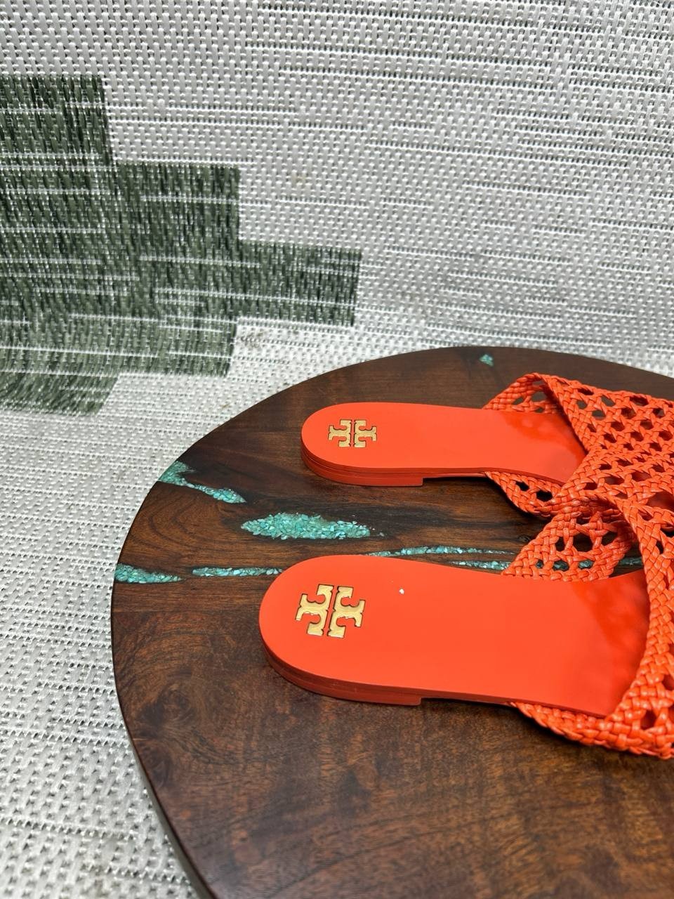Tory Burch Sandals Womens Size 8 M Slides Desert Flower Orange Woven Leather