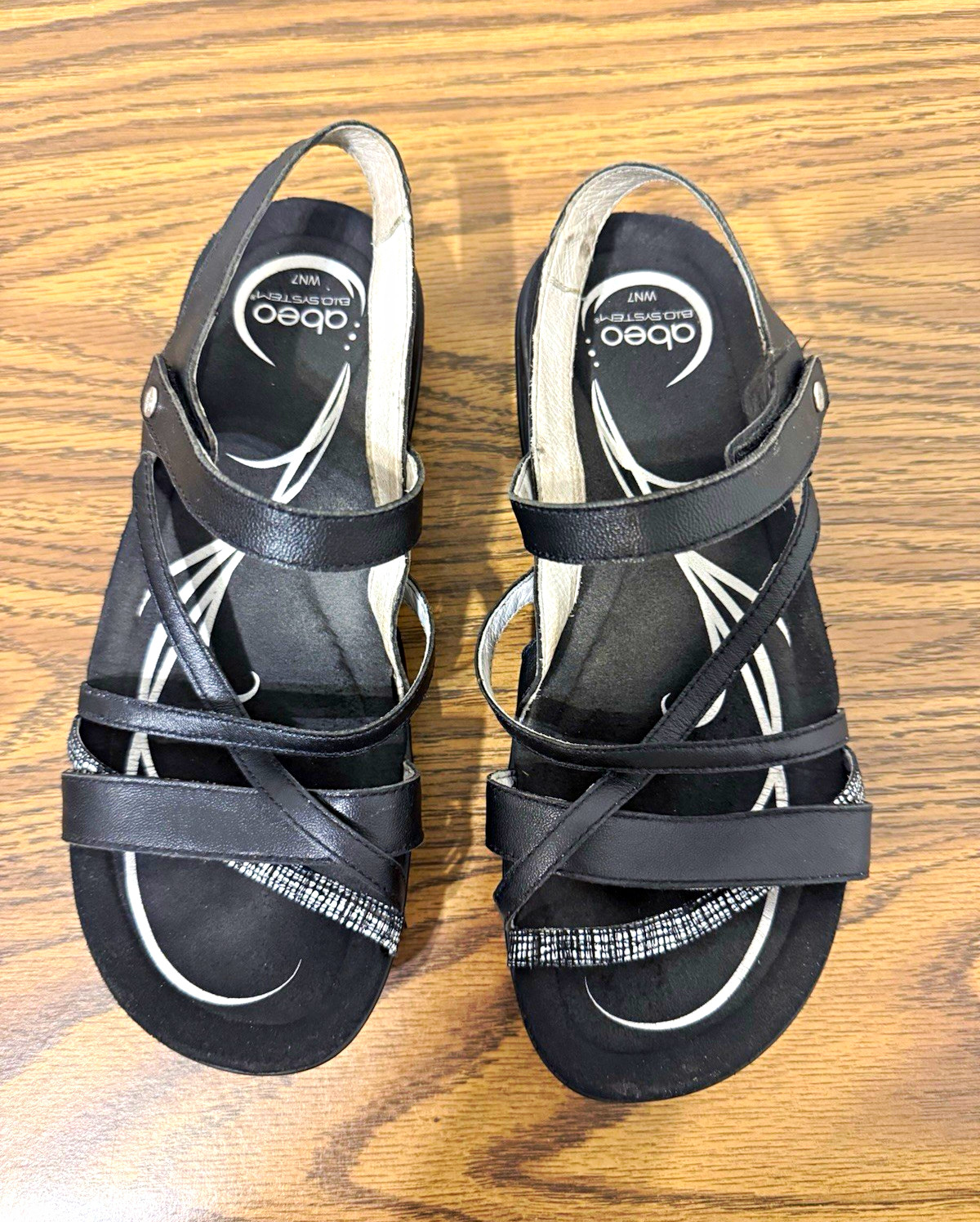 Abeo Women’s Black Strappy Wedge Sandals Leather Slip-On Comfort US 7