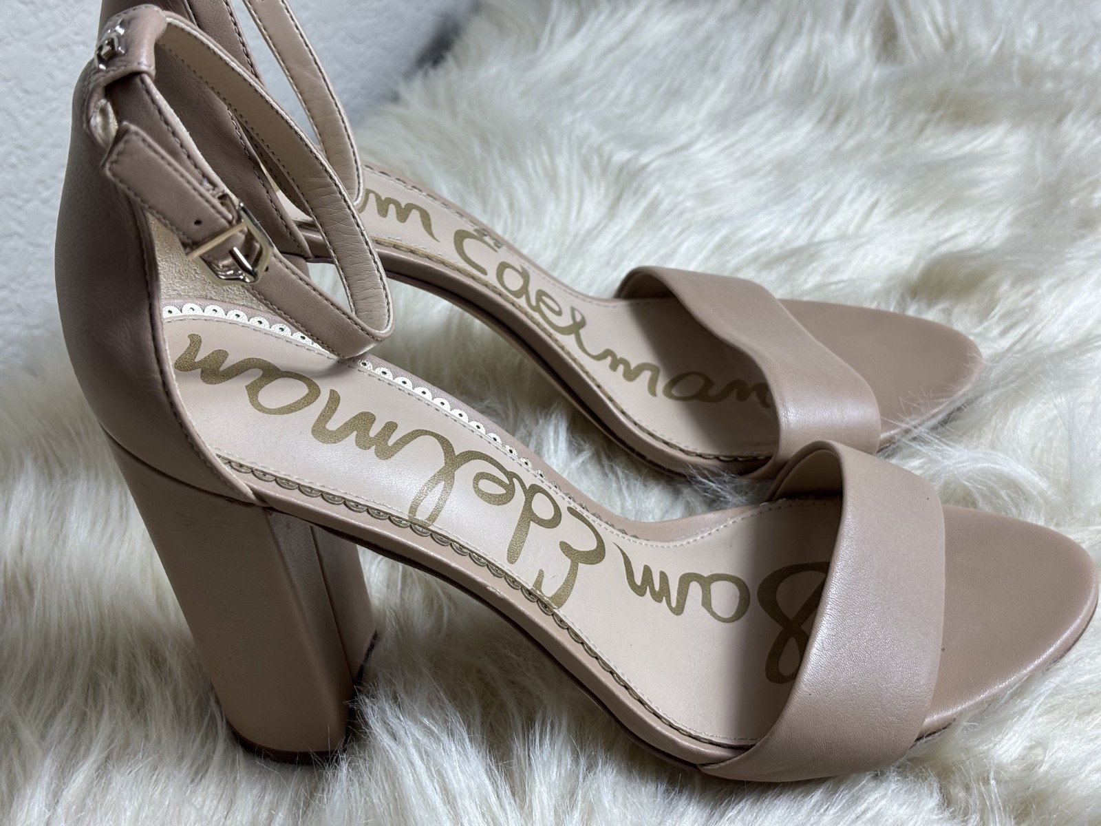 Sam Edelman Yaro Sandals Womens 9 Beige Block Heel Ankle Strap Chic