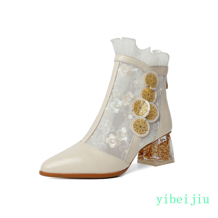 Women Embroidery Ankle Boot Chunky Heel Real Leather Shoes Elegant Spring Summer