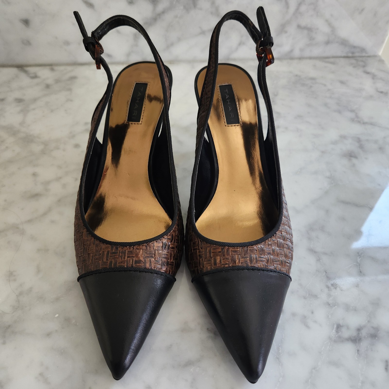 Tahari Womens Slingback Heels 6.5 Brown Black Cap Toe Woven Pointed Pumps