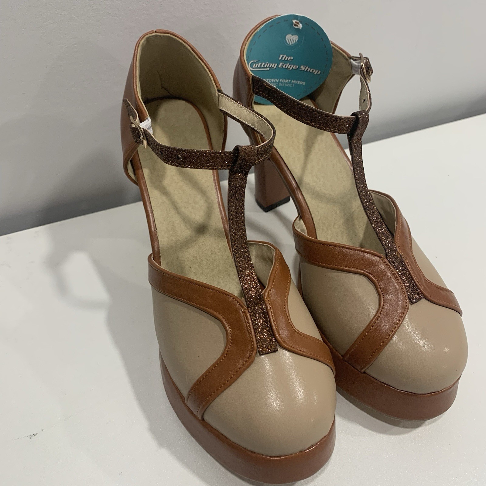 Chic Mary Jane Ankle Strap Block Heel Shoes Brown Women’s EU 38 US 7.5-8 Sparkle