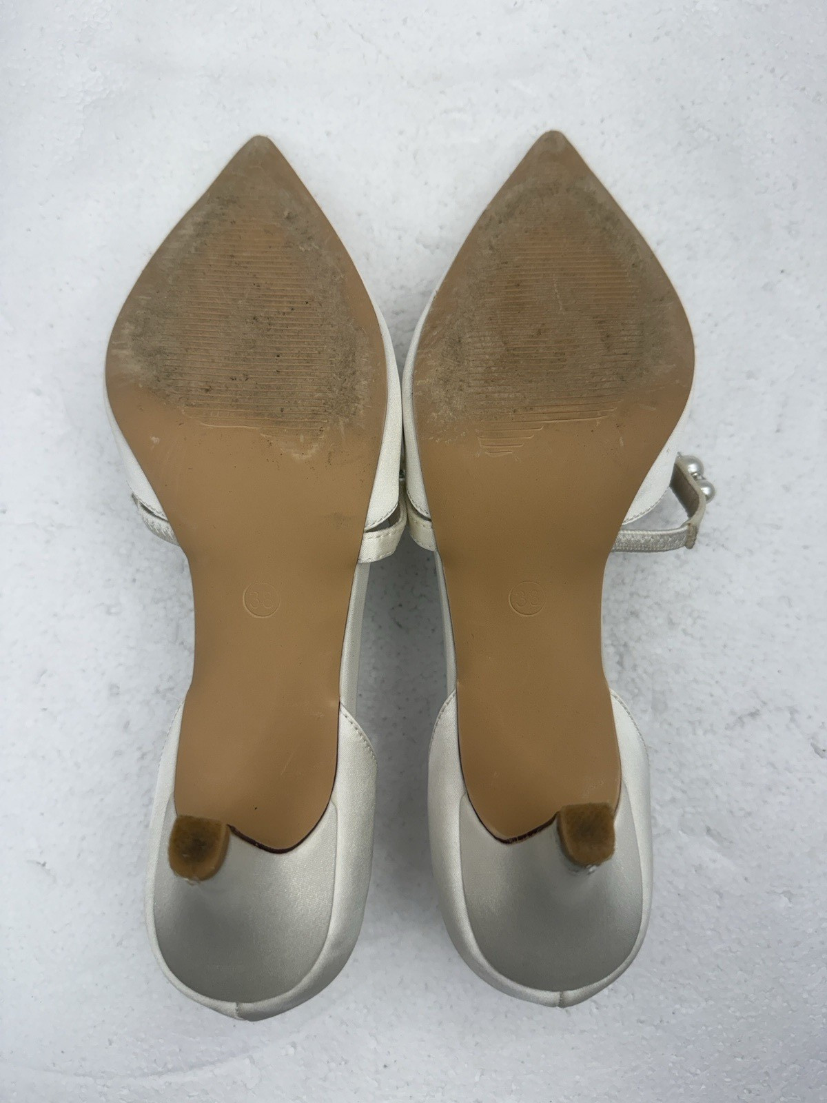 Off White Light Ivory Satin Pearl Pointed Toe 2.3″ Heel Shoes Women 38 7.5 / 8