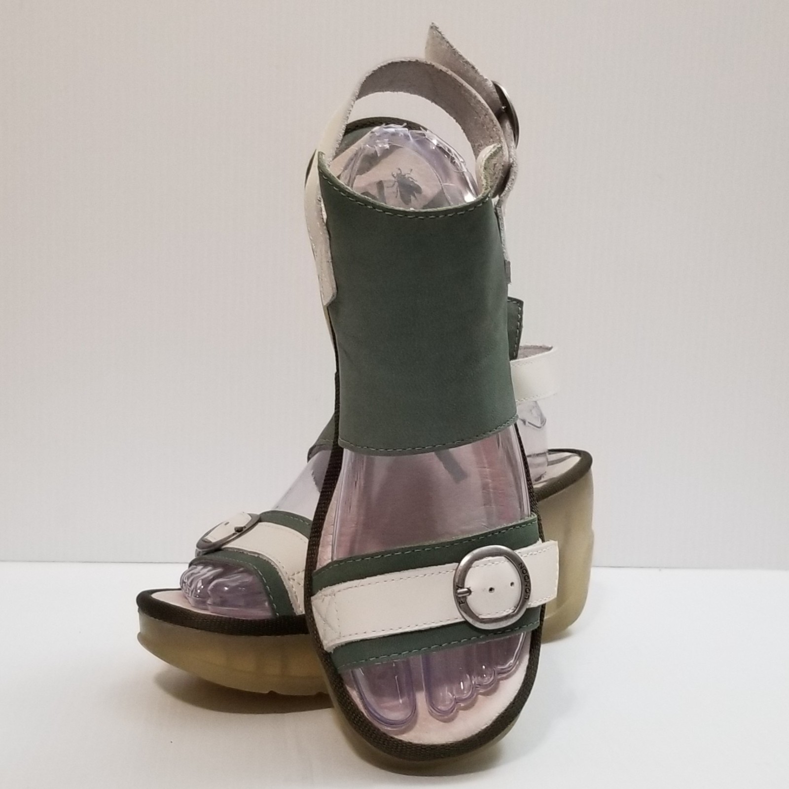 FLY London Leather Ankle Strap Transparent Wedges – Jeno – Green – EU 39 – US 8