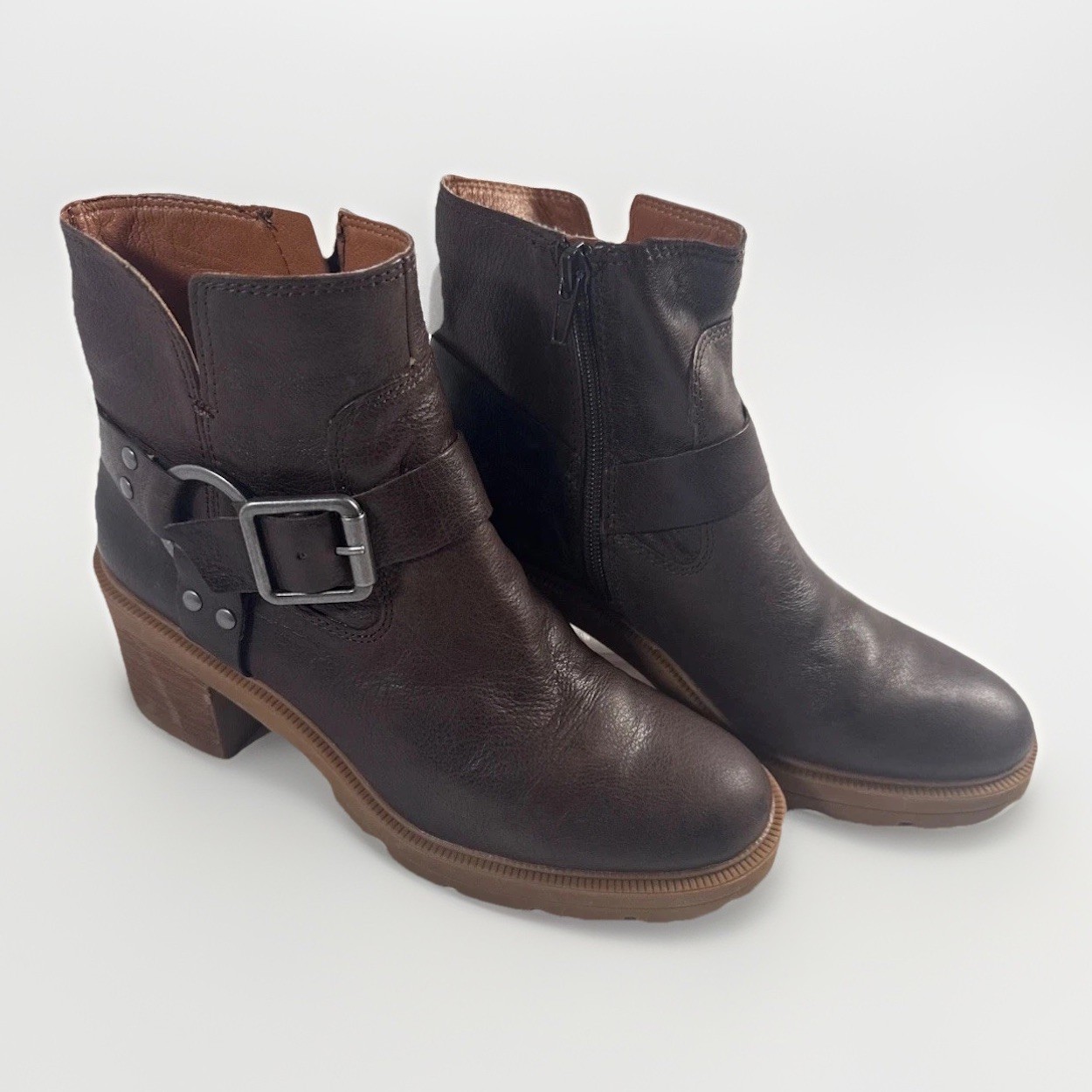 Lucky Brand Slyven Brown Leather Moto Ankle Boots Buckle Lug Sole LK-SLYVEN 7.5M