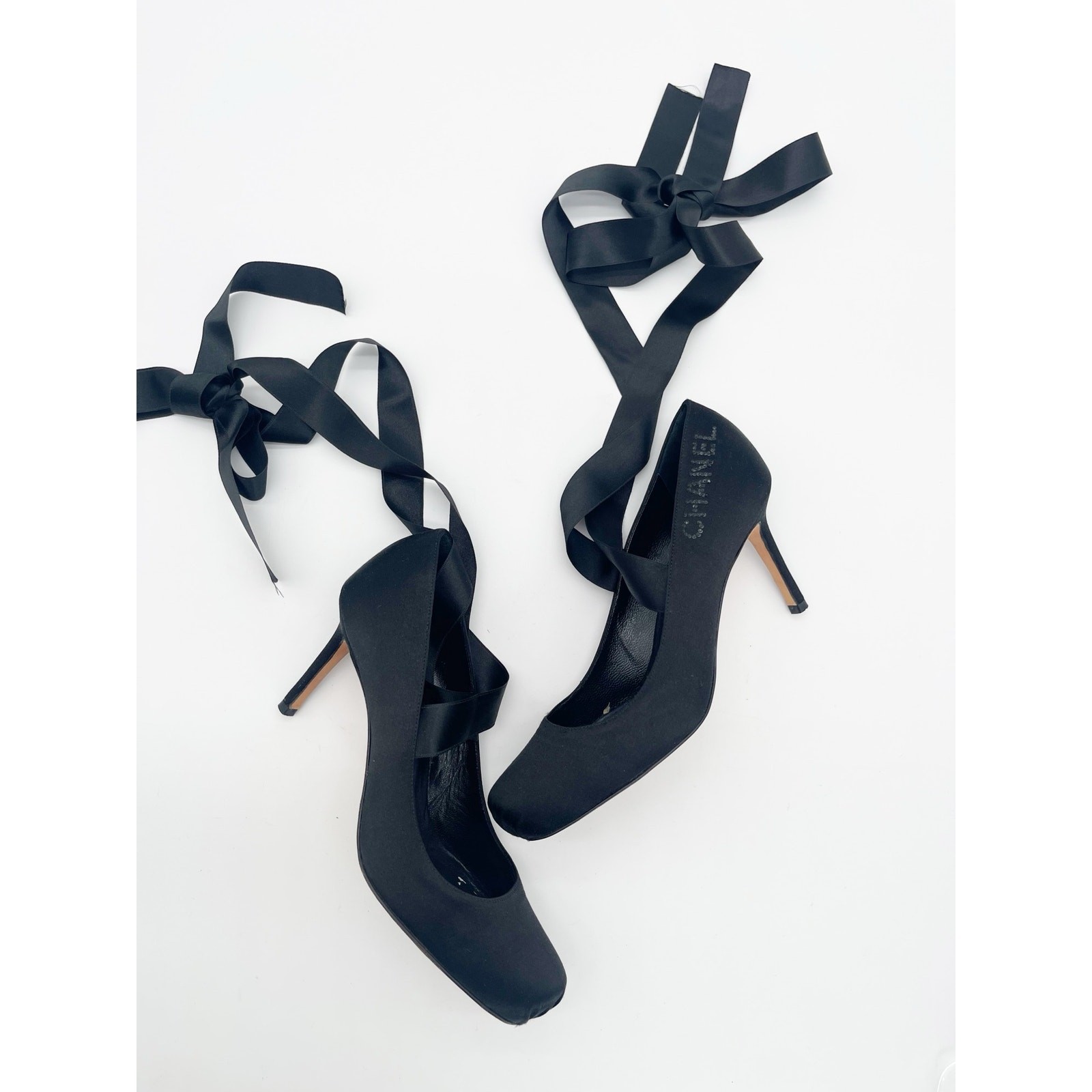 Chanel Vintage Black Satin Crystal Logo Ankle Lace Up Ballet Pumps Heels EU 37.5