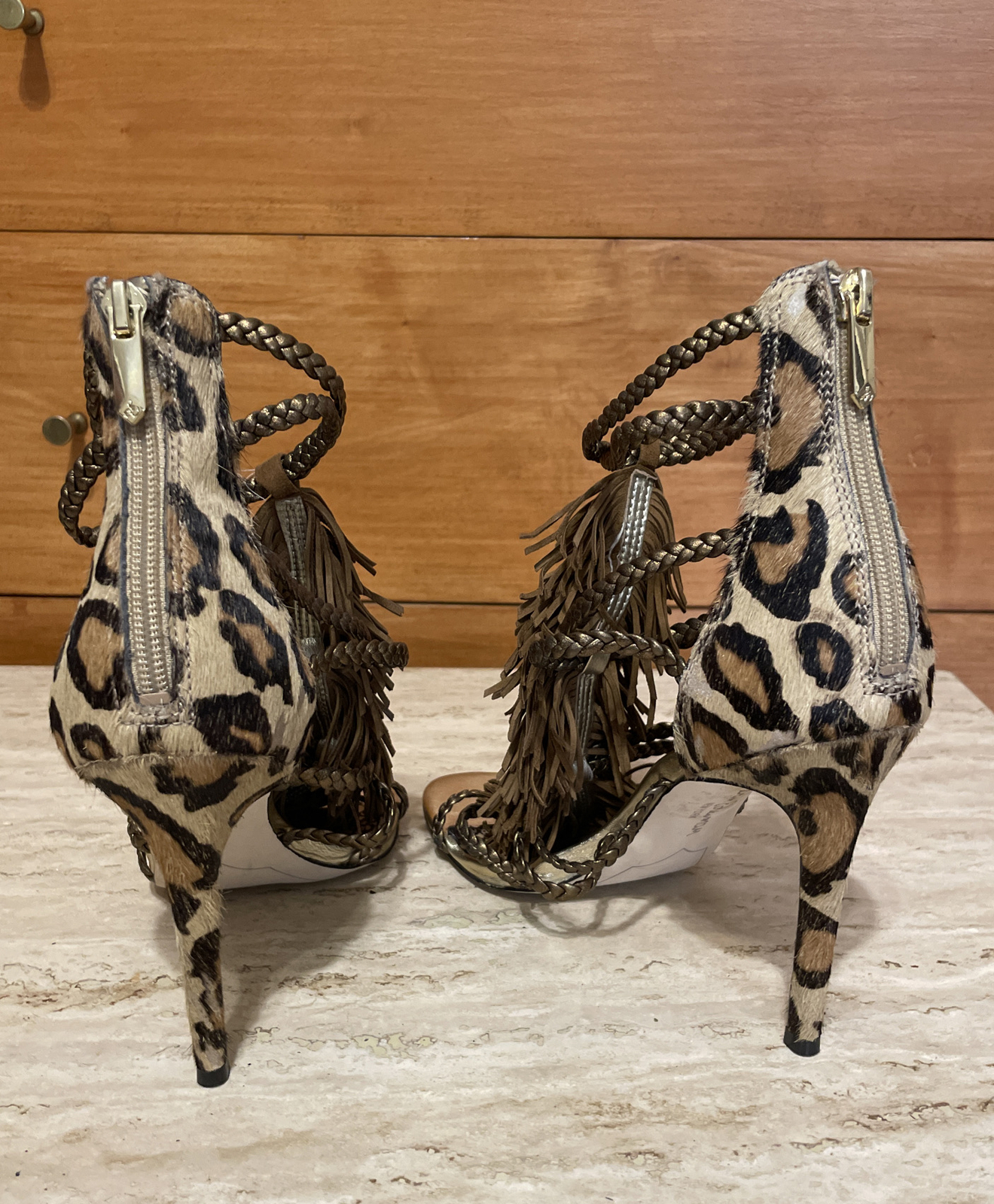Sam Edelman Leopard Print Genuine Calf Hair Strappy Tassel Stiletto Heels Sz 7.5