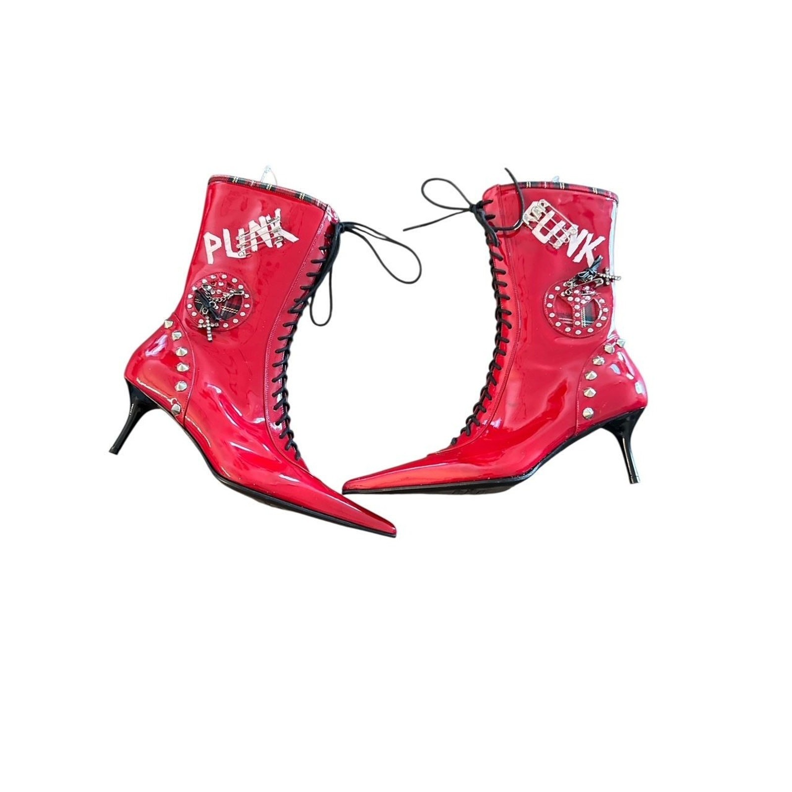 Le Silla RED PATENT LEATHER STUDDED LACE UP PUNK BOOTS SZ 5 (35)
