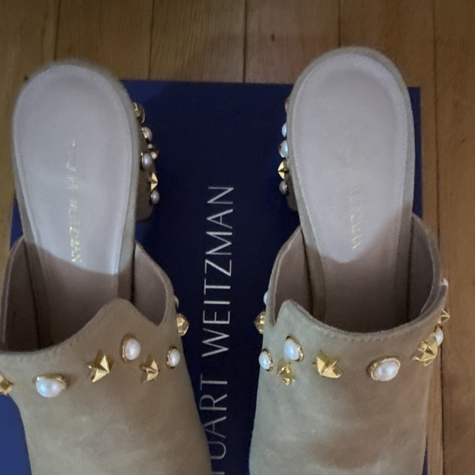 Stuart Weitzman Suede Pearl Studded Open Toe Block Heel Mule Sz 7.5