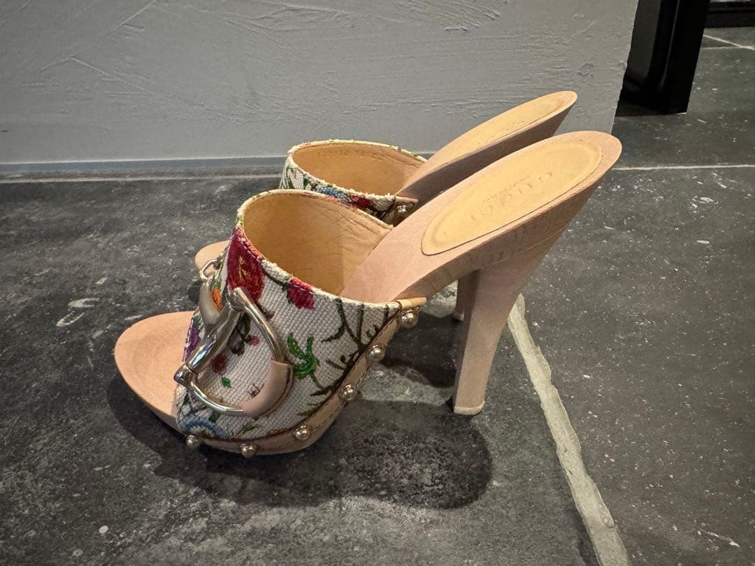 Gucci Flora Canvas Wood Heel Sandals Multicolor US6.5 EU36 149910 USED Auth