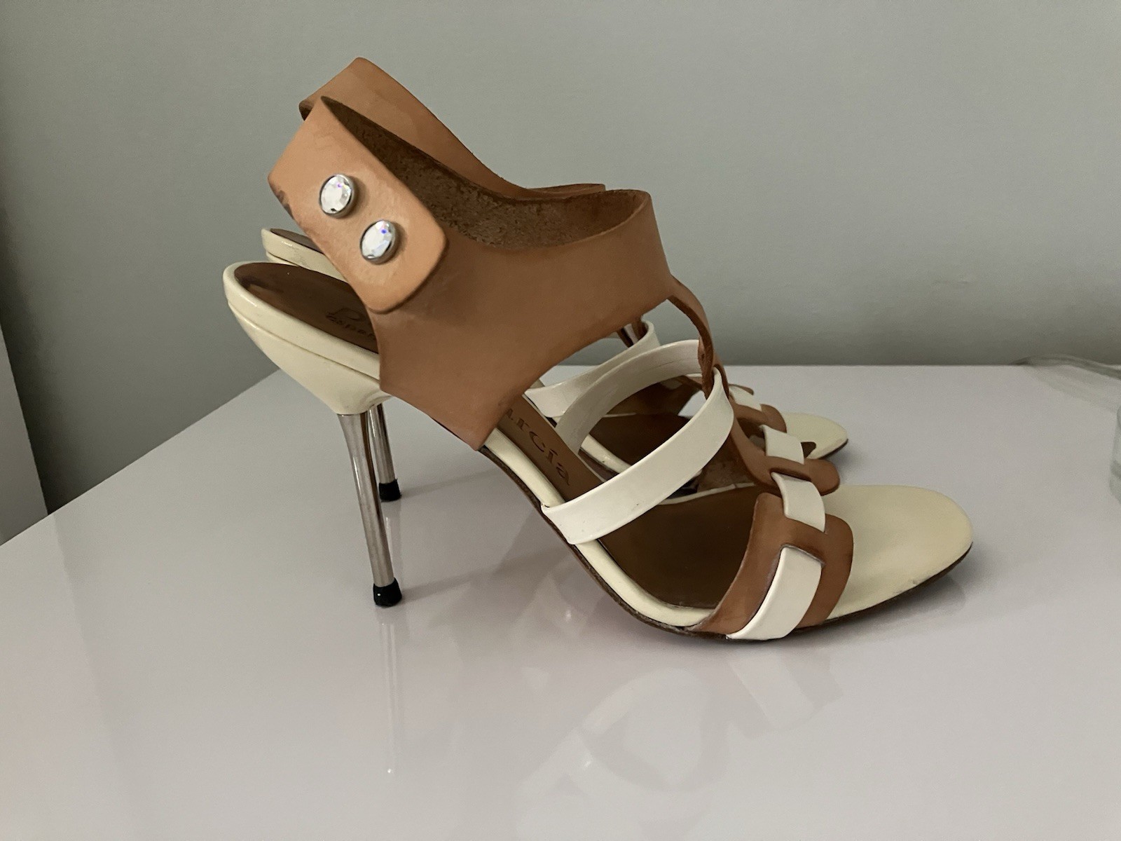 Pedro Garcia /Swarovski Heel Sandals Strap Ankle Leather + Tan Shoe 39