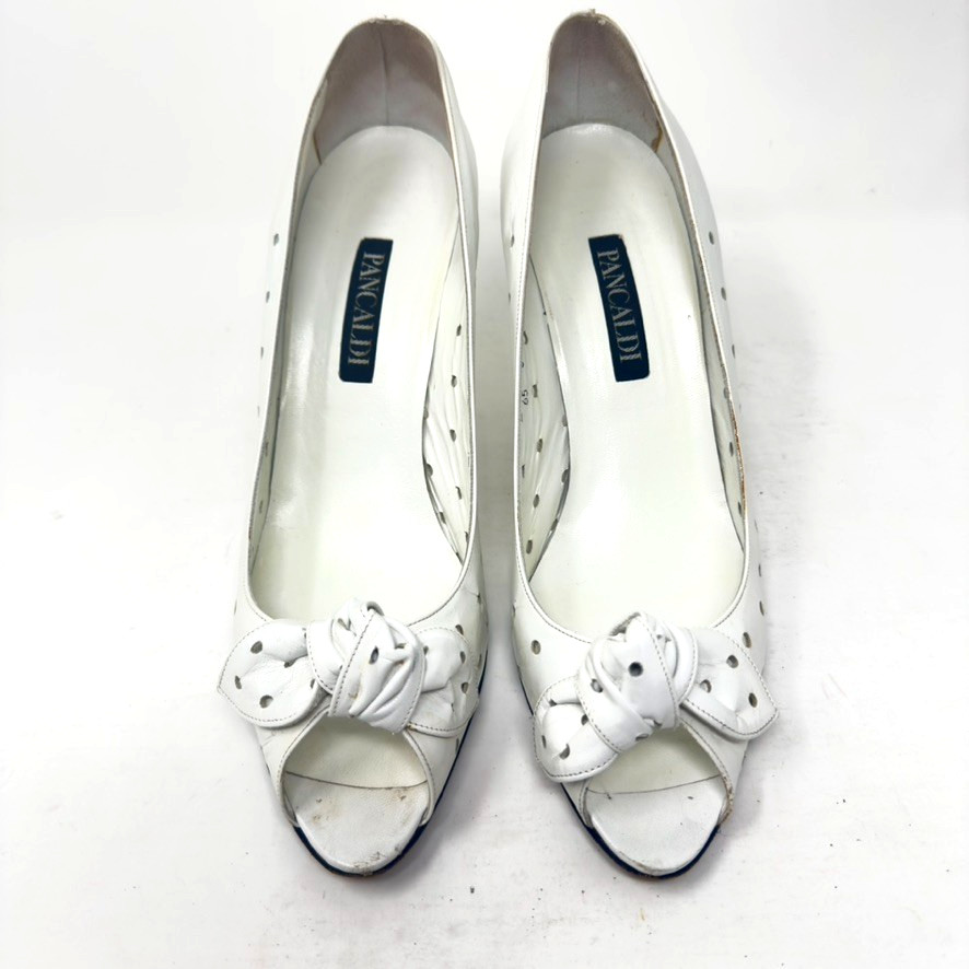 Pancaldi Heels Size 10AA White Kid Leather Bow Toe Detail 3.5in Heel