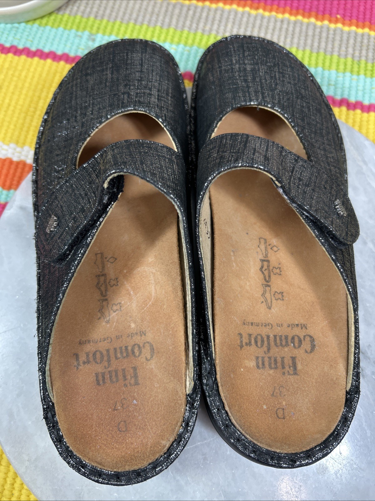 Finn Comfort Women’s Stanford Metallic Black Leather Mule Sandals EU 37 US 6-6.5