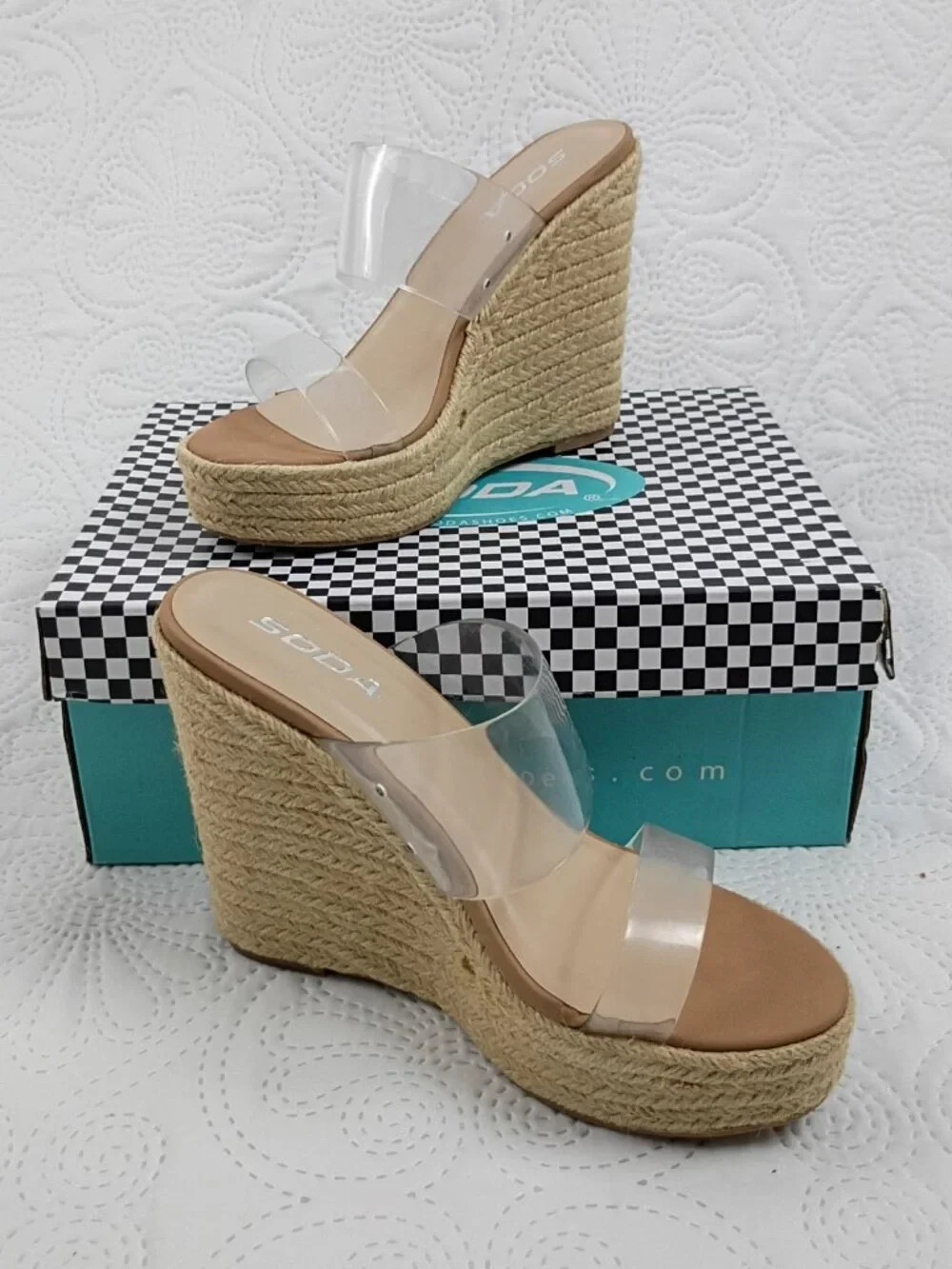 NWOT Soda Clear Strap Espadrille Wedge Sandals Size 7.5 | 5″ Platform Heel