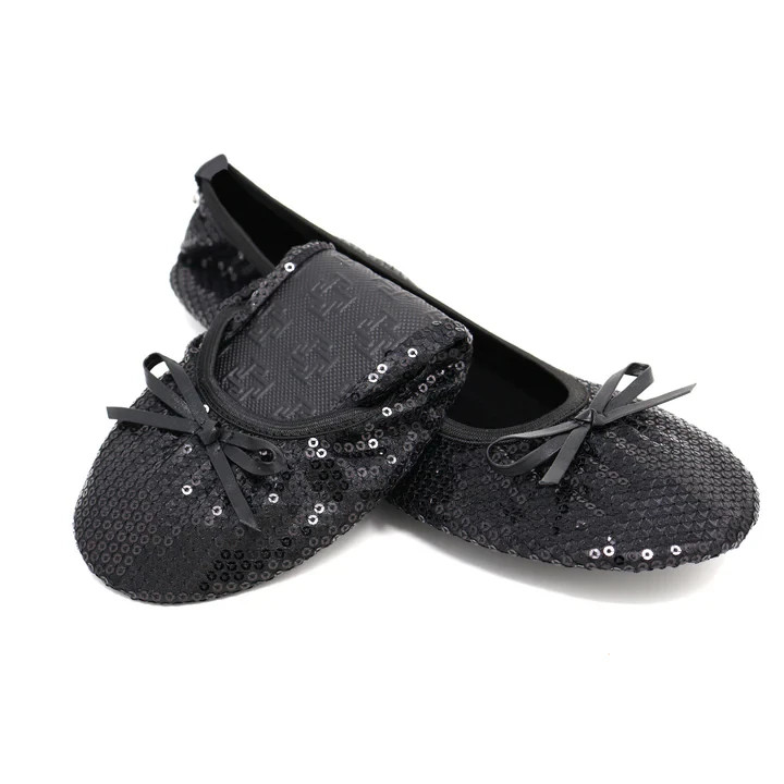 SILKY TOES 3 Pairs Folding Flats Shoes Slippers in Pouch Sz XL/9 Blk Gold Silver