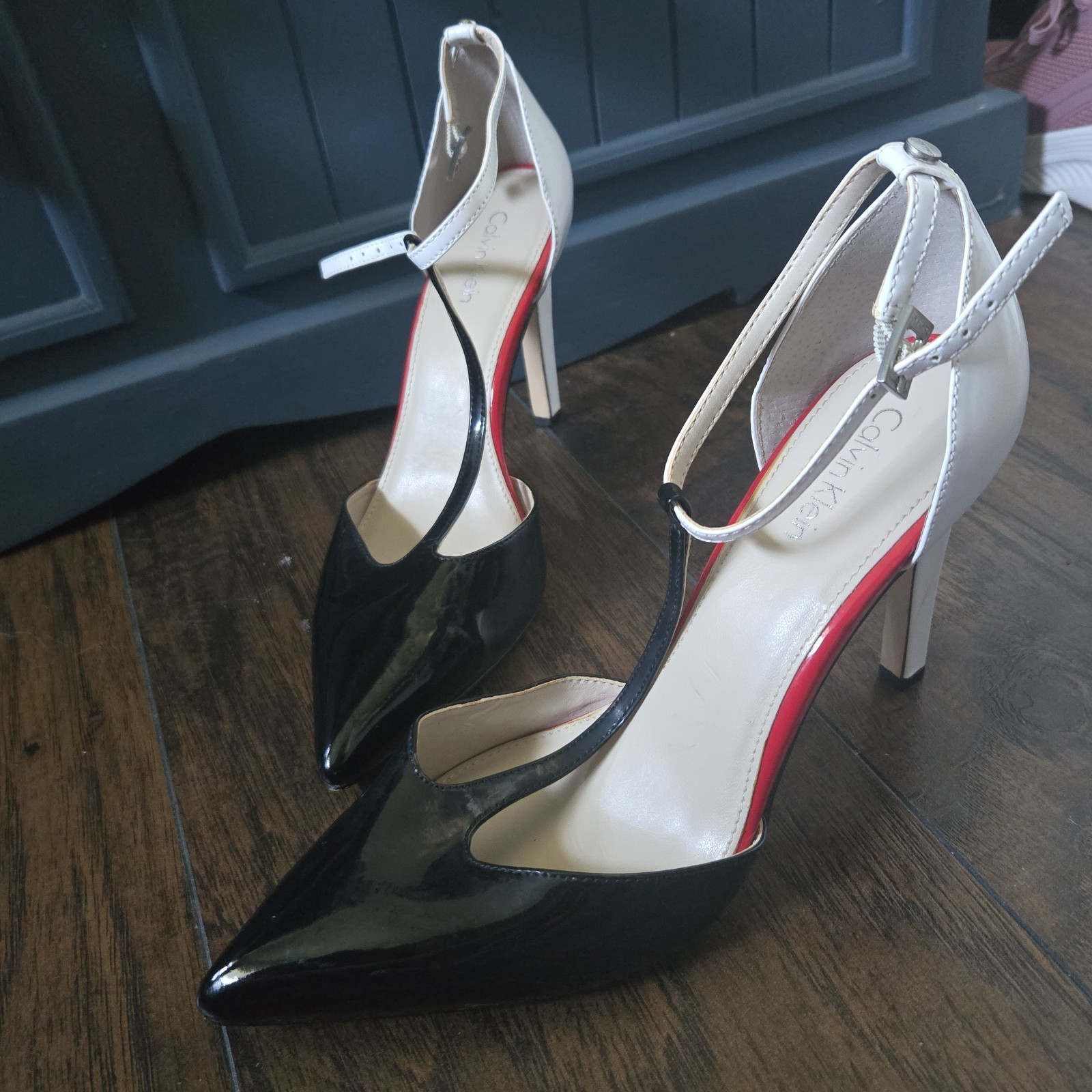 Calvin Klein Patent Leather Strappy Ankle Strap Stiletto Heels Black/White/Red 9