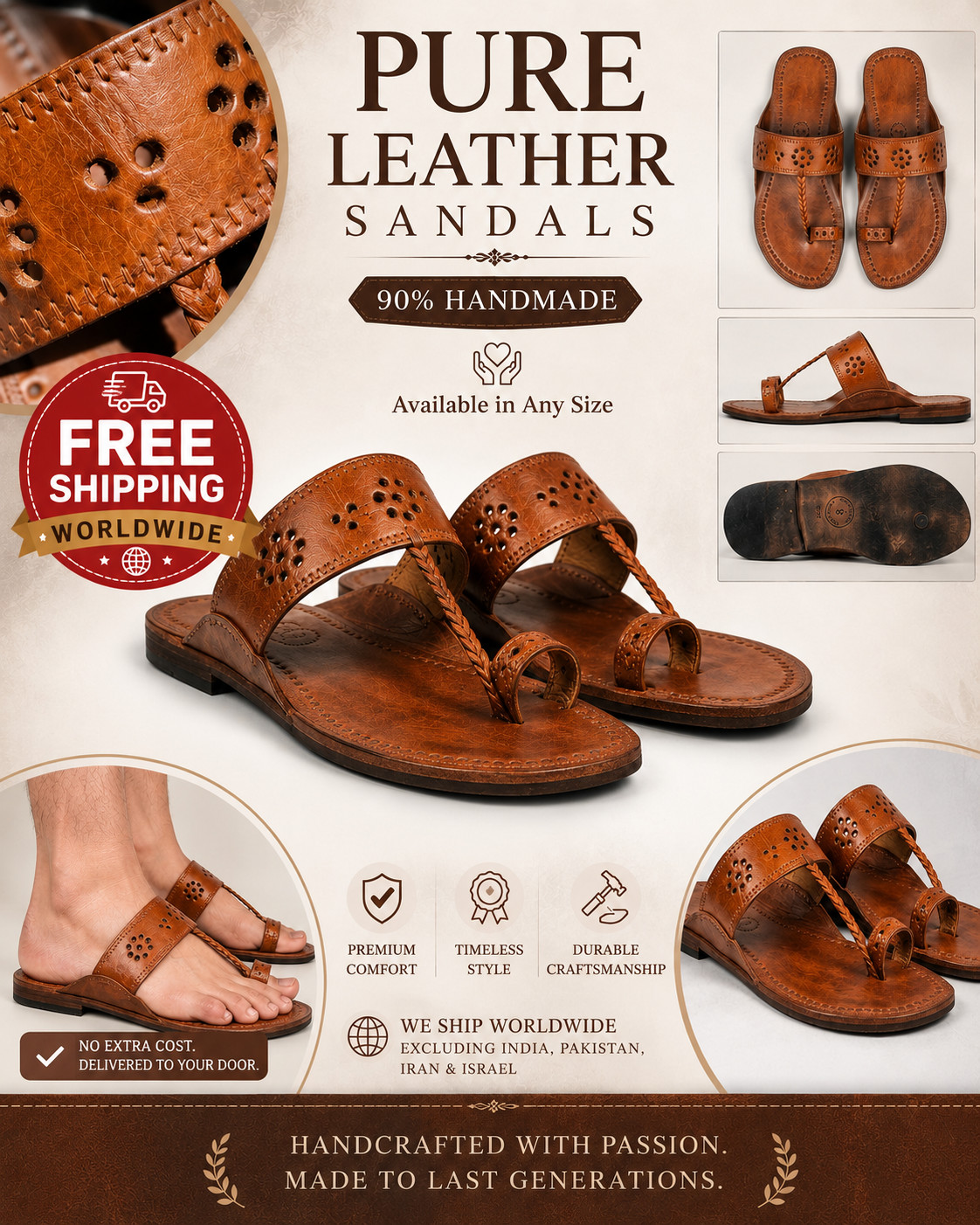 Pure Leather Handmade Sandals – Premium Comfort with Timeless Style