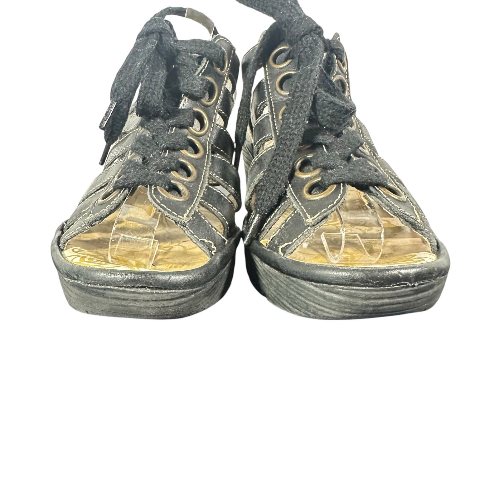 FLY London Wedge Sandals Sz 38 US 7 1/2-8 Lace-Up Gladiator Black Leather Yito