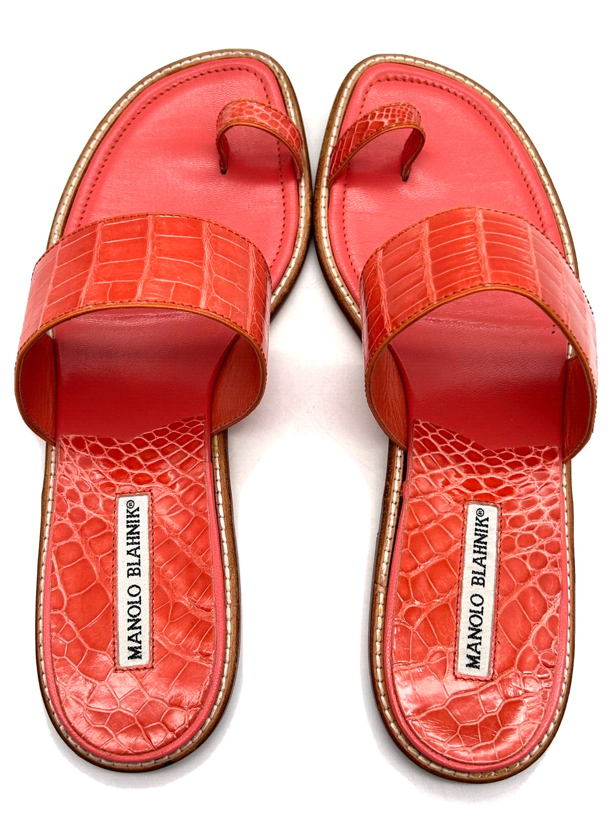 Manolo Blahnik Crocodile Leather Toe Loop Flat Thong Sandals Handmade Italy Rare