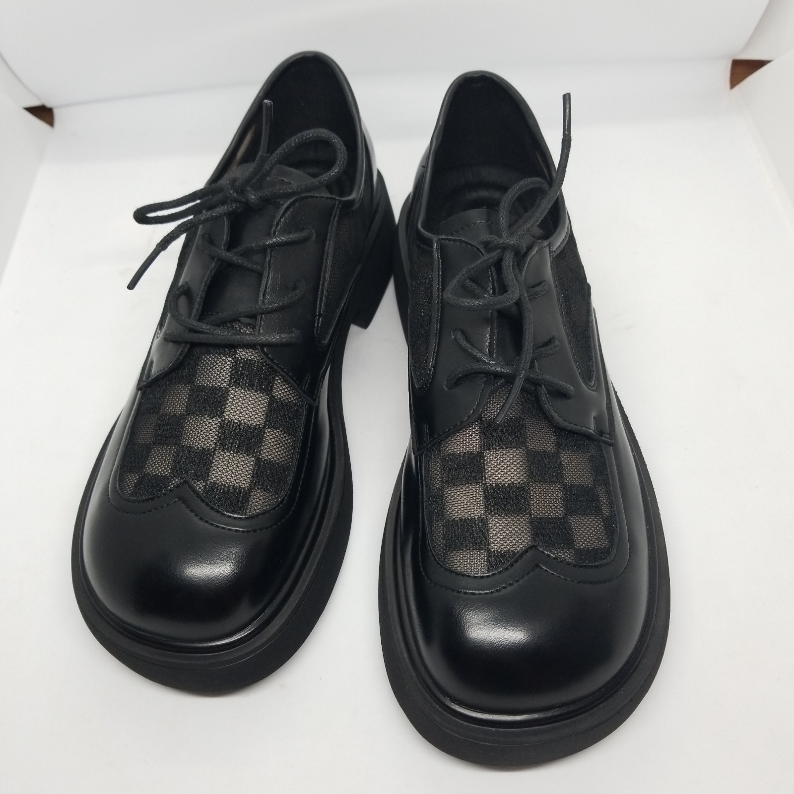 Size 8 Black Man Made Leather Black &Sheer Check Oxford Shoes Grunge
