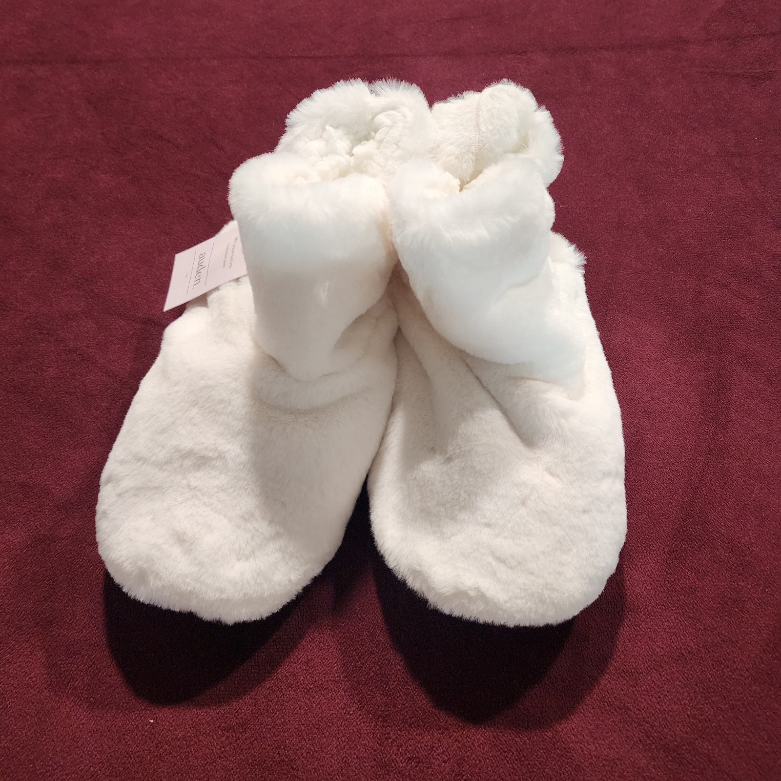 Auden Women’s Faux Fur Booties Slippers Gripper Soles Ivory Size M/L 8–10 NWT