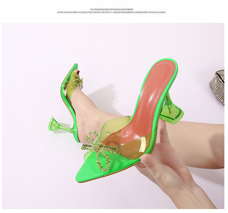 Womens Bow Rhinestone Slipper Shoes Mule Slide Clear High Heel Sandals Plus Size