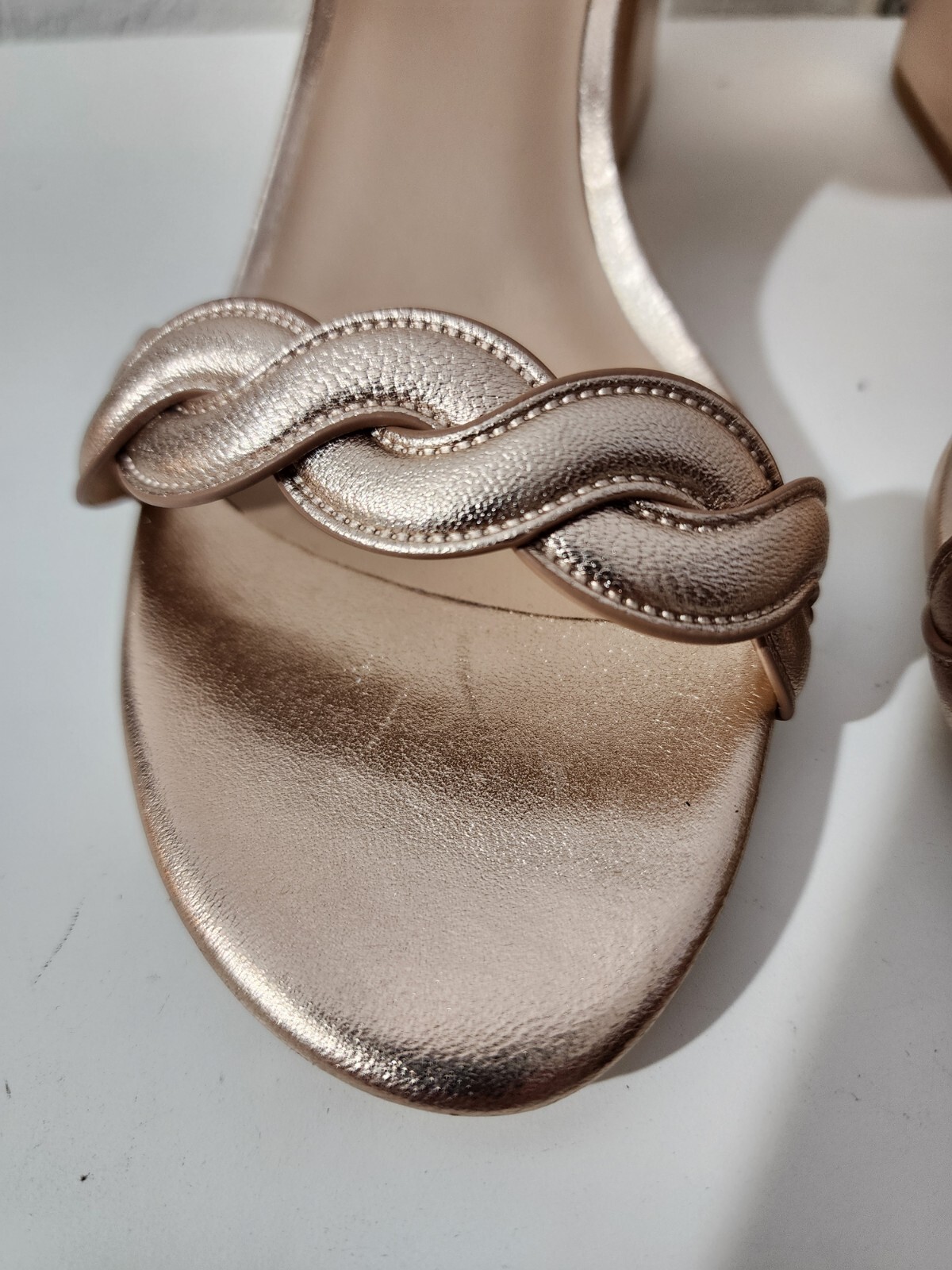 Stuart Weitzman Twistie Rose Gold Leather Slip On Block High Heel Sandals 10.5